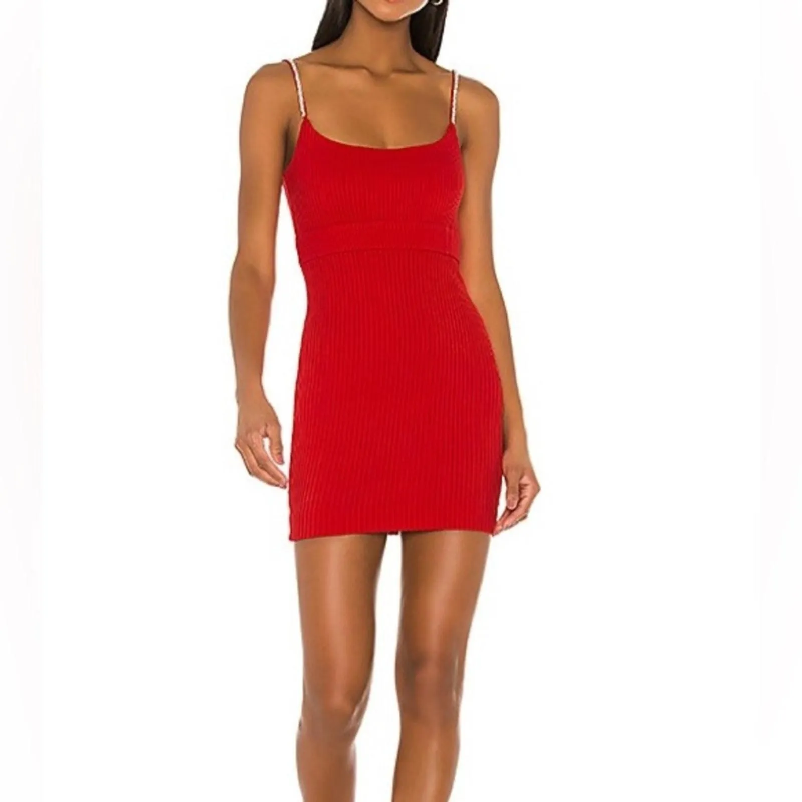 Product image for NBD Leon Mini Bodycon Ribbed Dress with Rhinestone Straps Small in RED