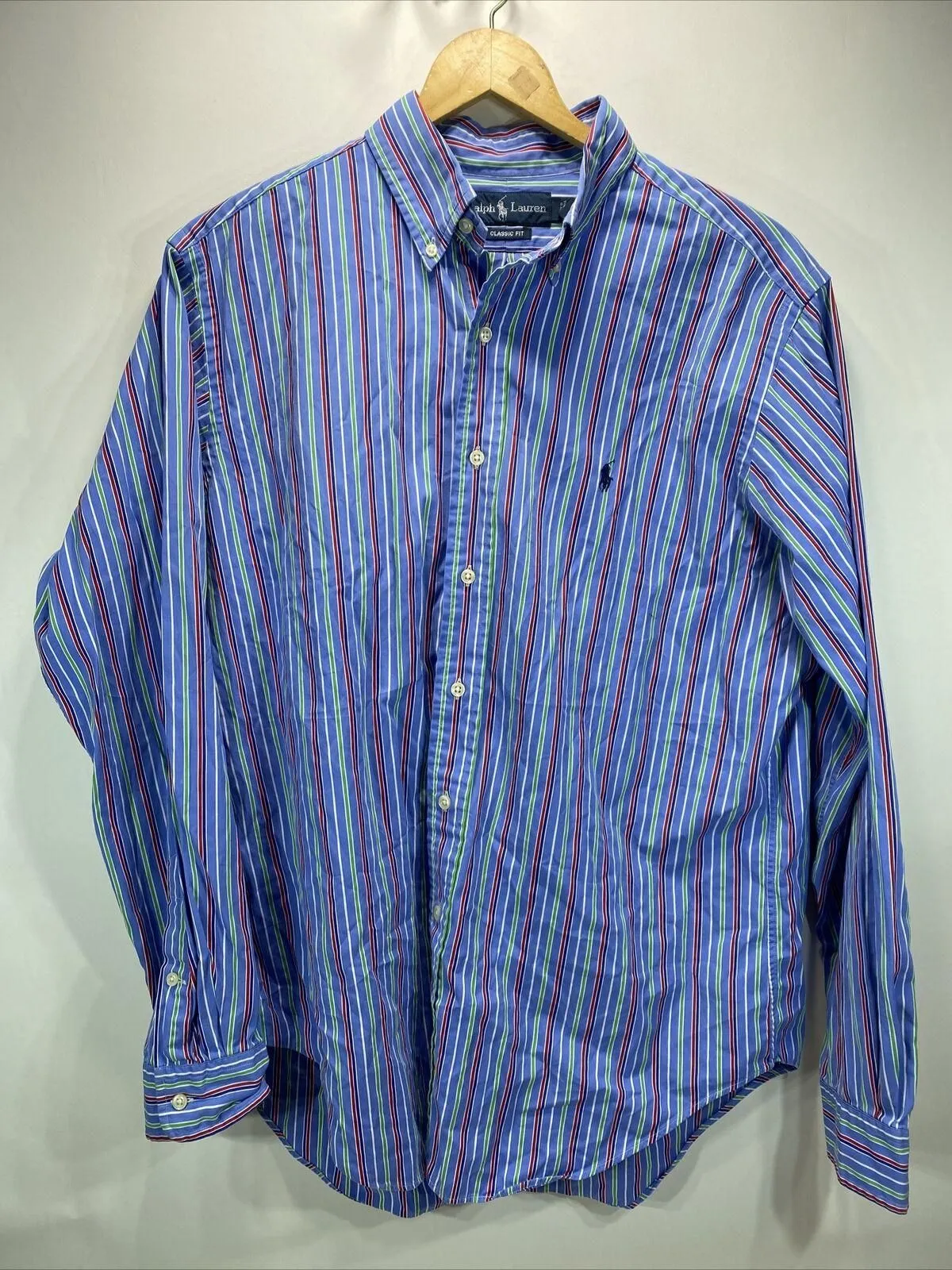 Product image for POLO Ralph Lauren Blue Green Striped Button Classic Fit Shirt Men's Size Large
