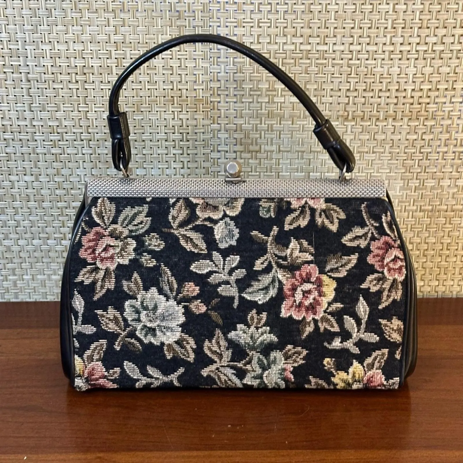 Product image for VTG 1950s Black Floral Tapestry Carpet Bag Top Handle Handbag by Dover USA