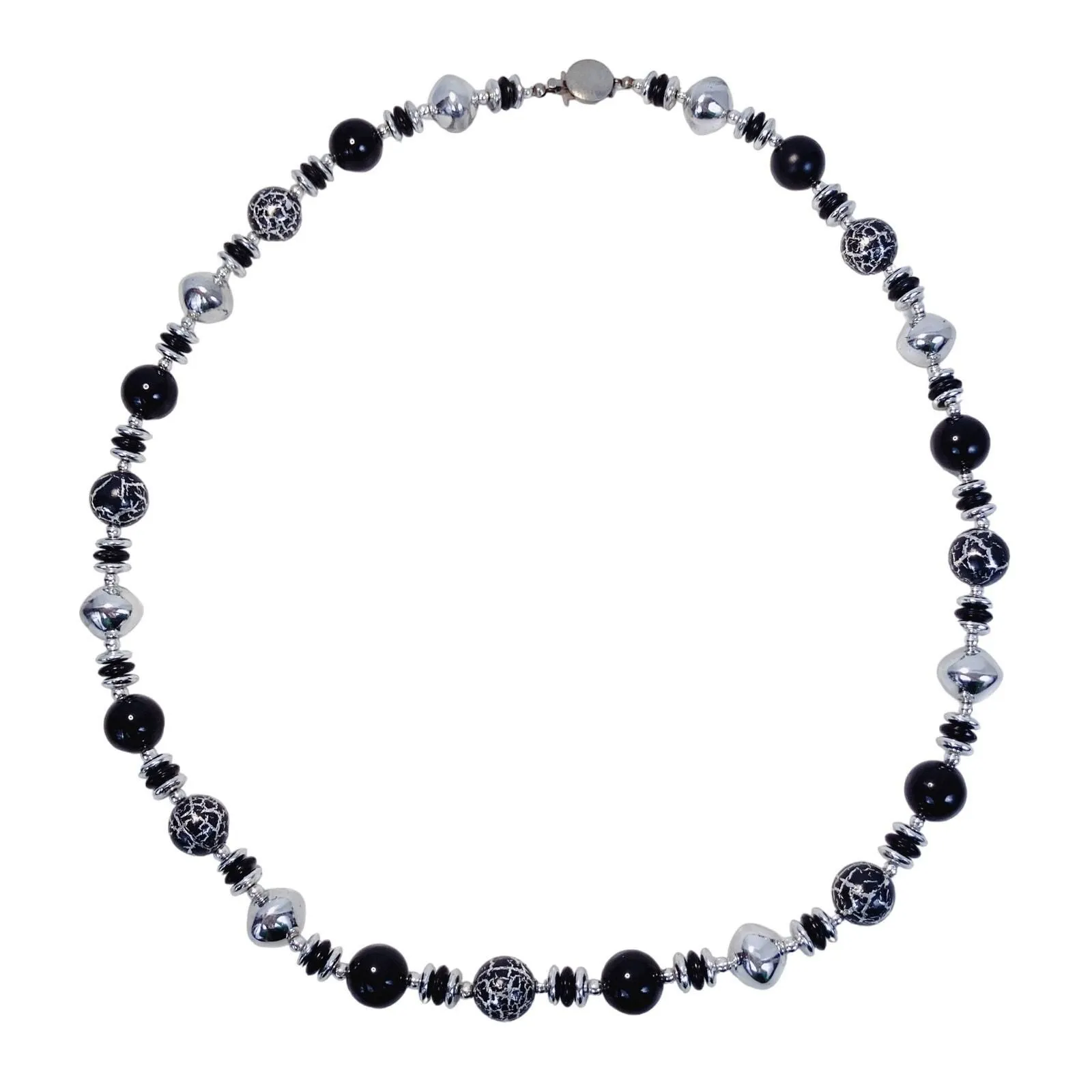 Product image for Vintage Black and Silver Long Bead Necklace, Hard Plastic, Mid Century Modern