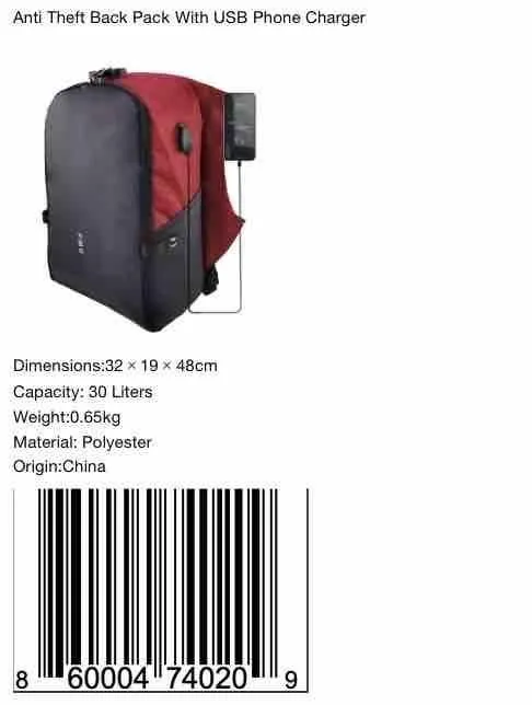 Product image for Anti Theft Travel Backpack With USB Phone Charging Port & 3 Digit Security Lock Codes