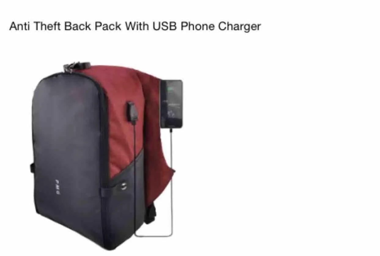 Product image for Anti Theft Travel Backpack With USB Phone Charging Port & 3 Digit Security Lock Codes