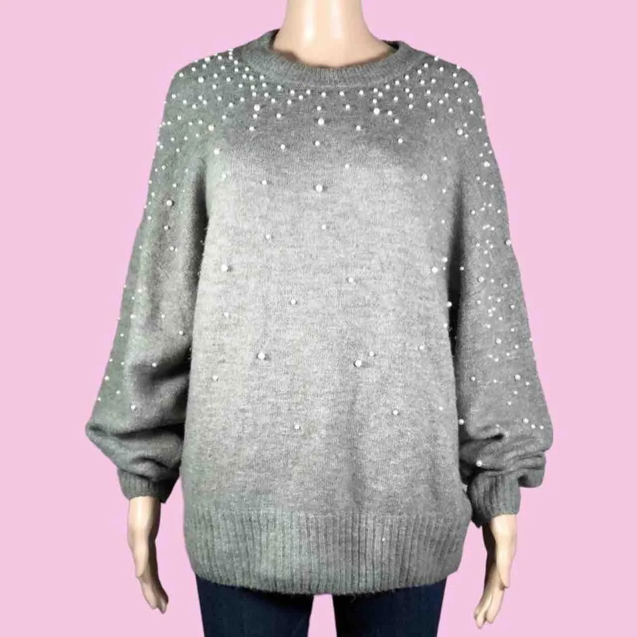 Product image for Size Medium - H&M Green Faux Pearl Detail Wool Blend Sweater - The "Jaime" Top.