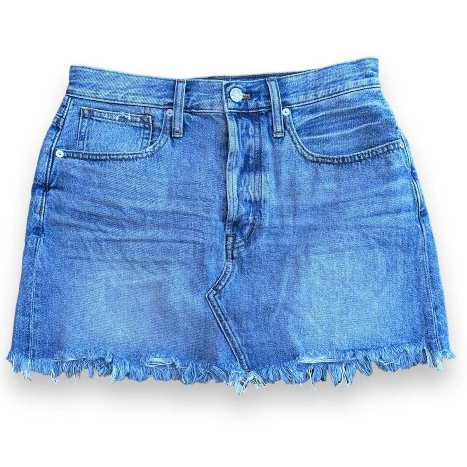 Product image for NWT Madewell A-Line Denim Mini Skirt Blue Raw Hem Stone Wash 5-Pocket Size 28