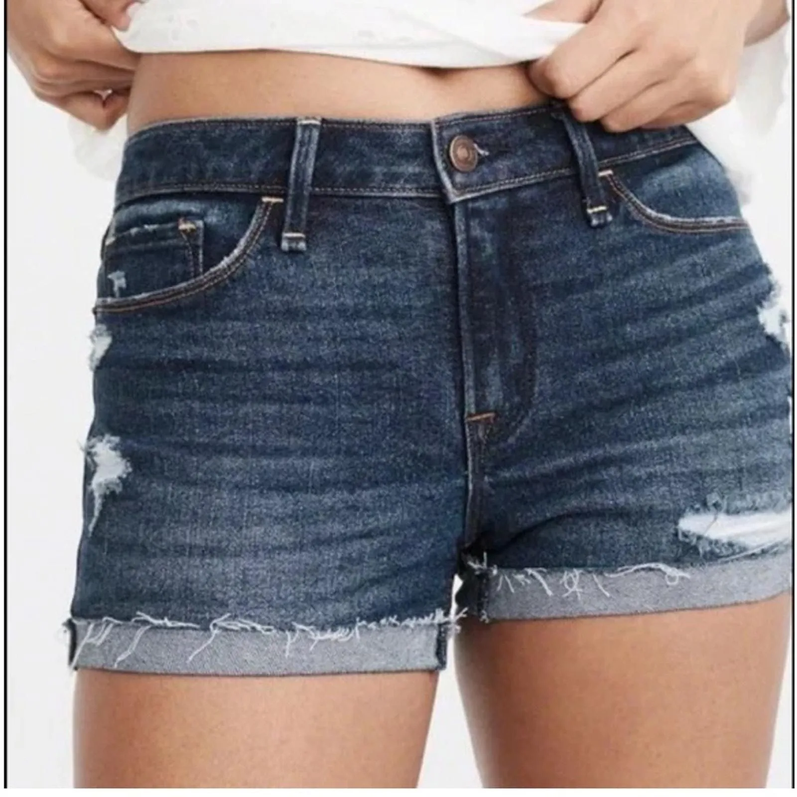 Product image for Abercrombie & Fitch Women’s Distressed Low Rose Jean Shorts Dark Wash Size 25
