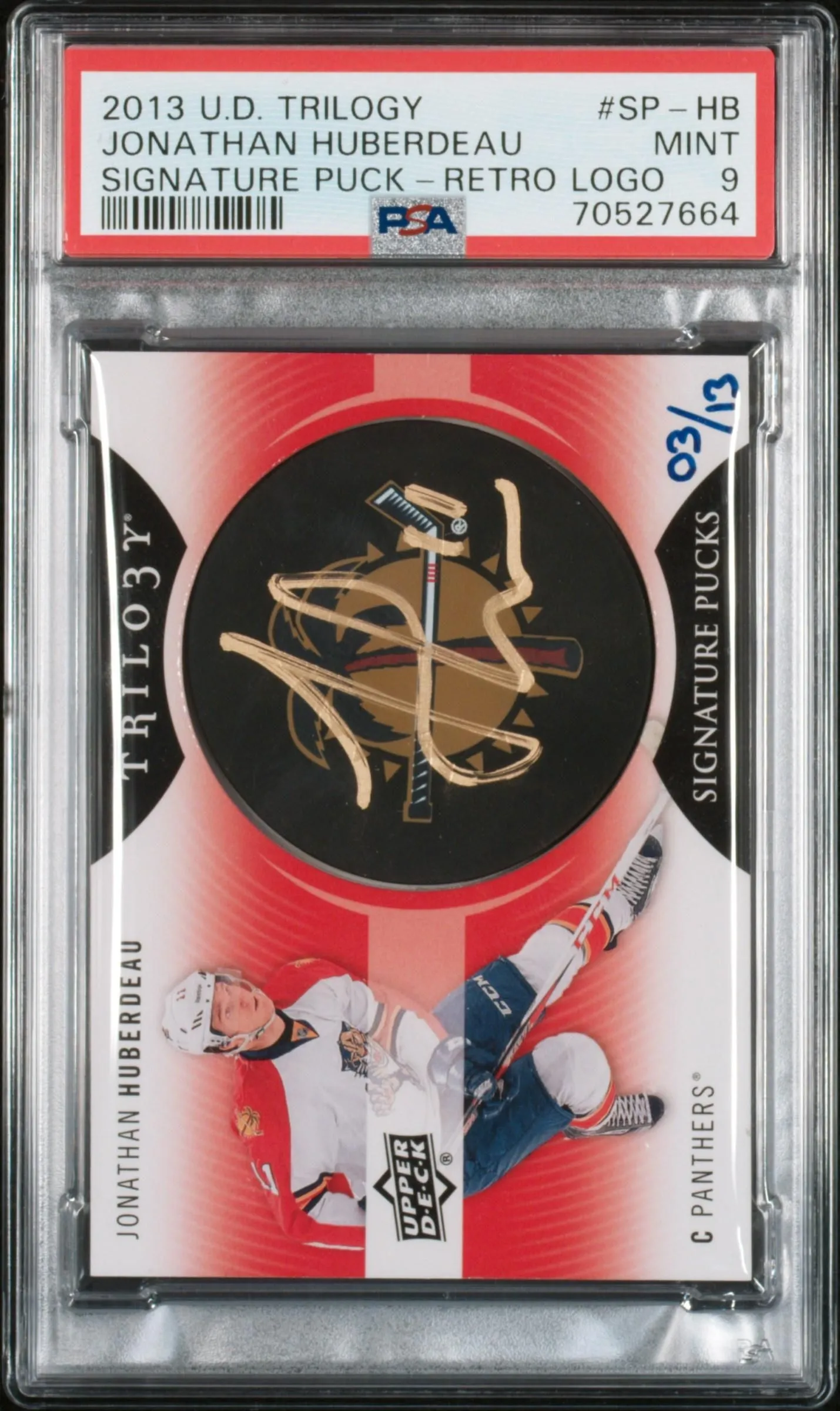 Product image for 2013-14 Trilogy Jonathan Huberdeau Signature Pucks Retro Logo /13 #SP-HB PSA 9