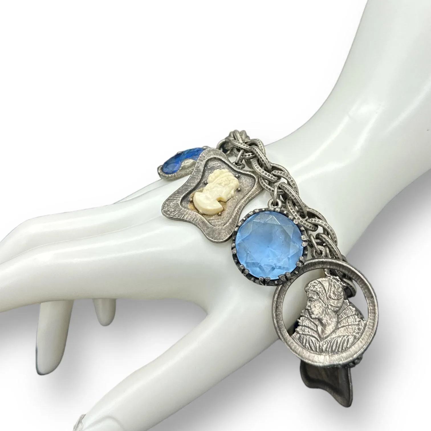 Product image for  Chunky Charm Womens Bracelet Dangle Cameo Style Blue Glass Twist Chain Link 
