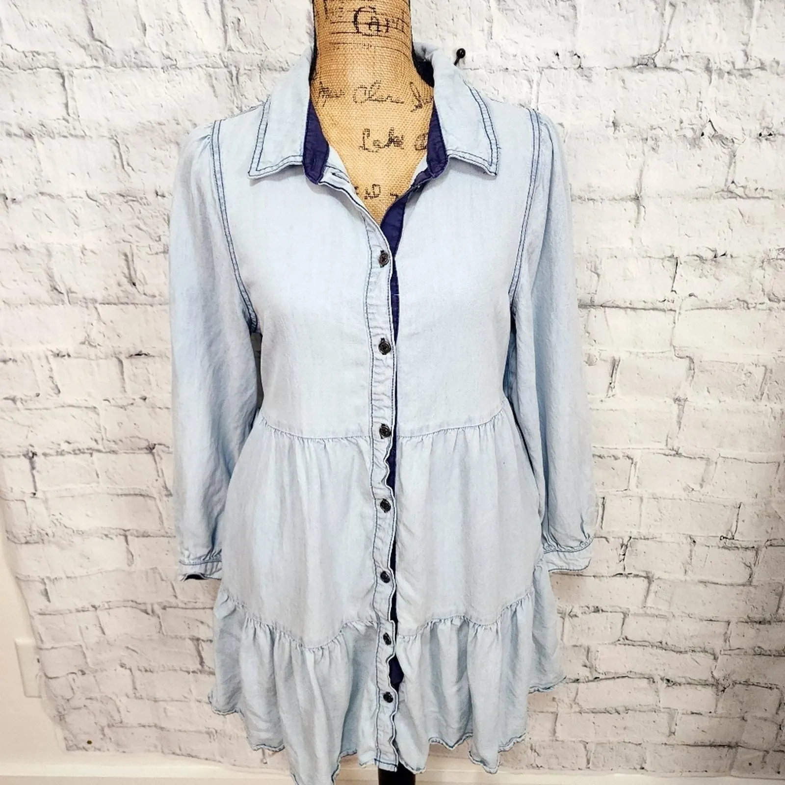 Product image for Serra chambray mini dress Sz S button down blue long sleeve pockets ACL