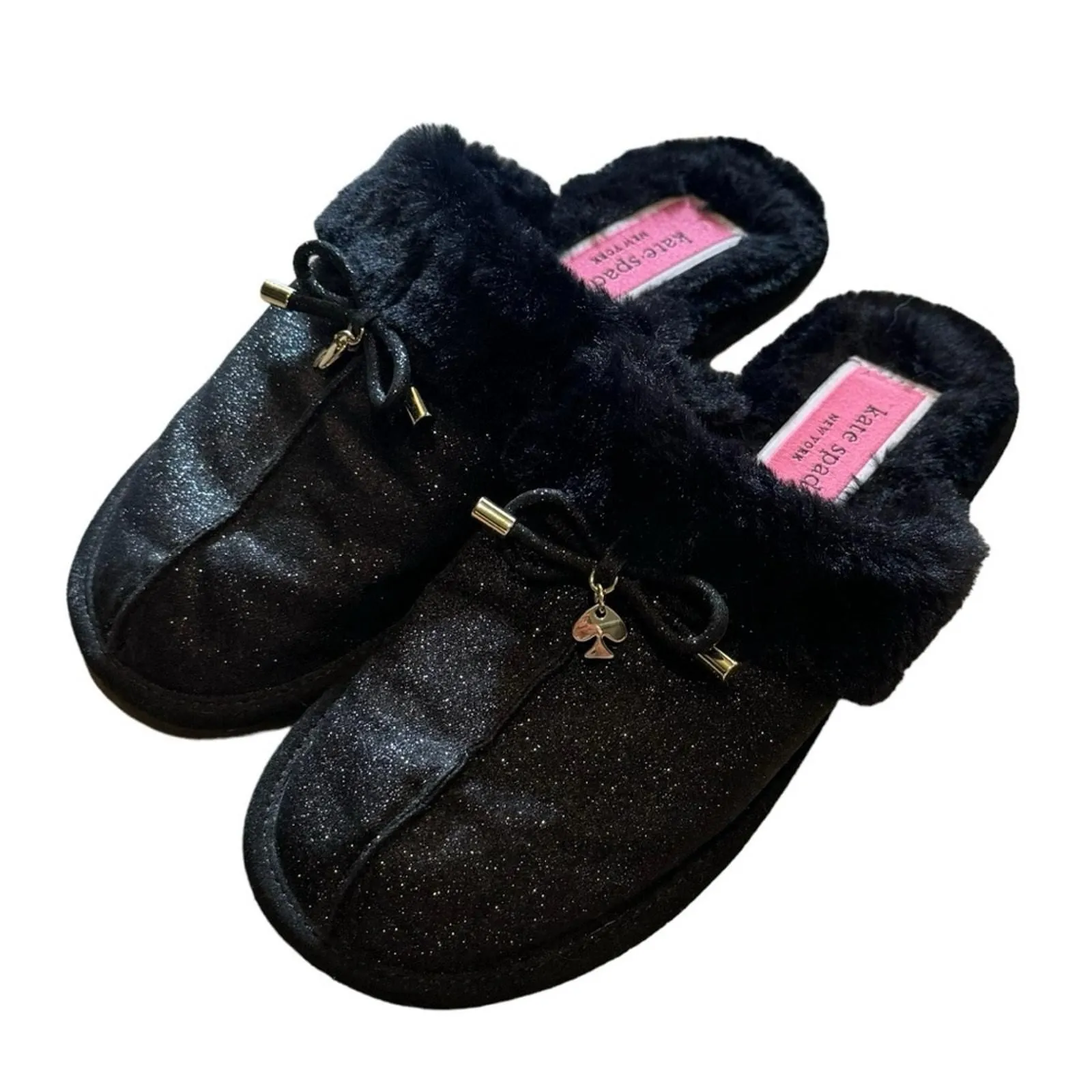 Product image for Kate Spade women’s black glitter faux fur lined Lacey cozy slippers size 6 NWT