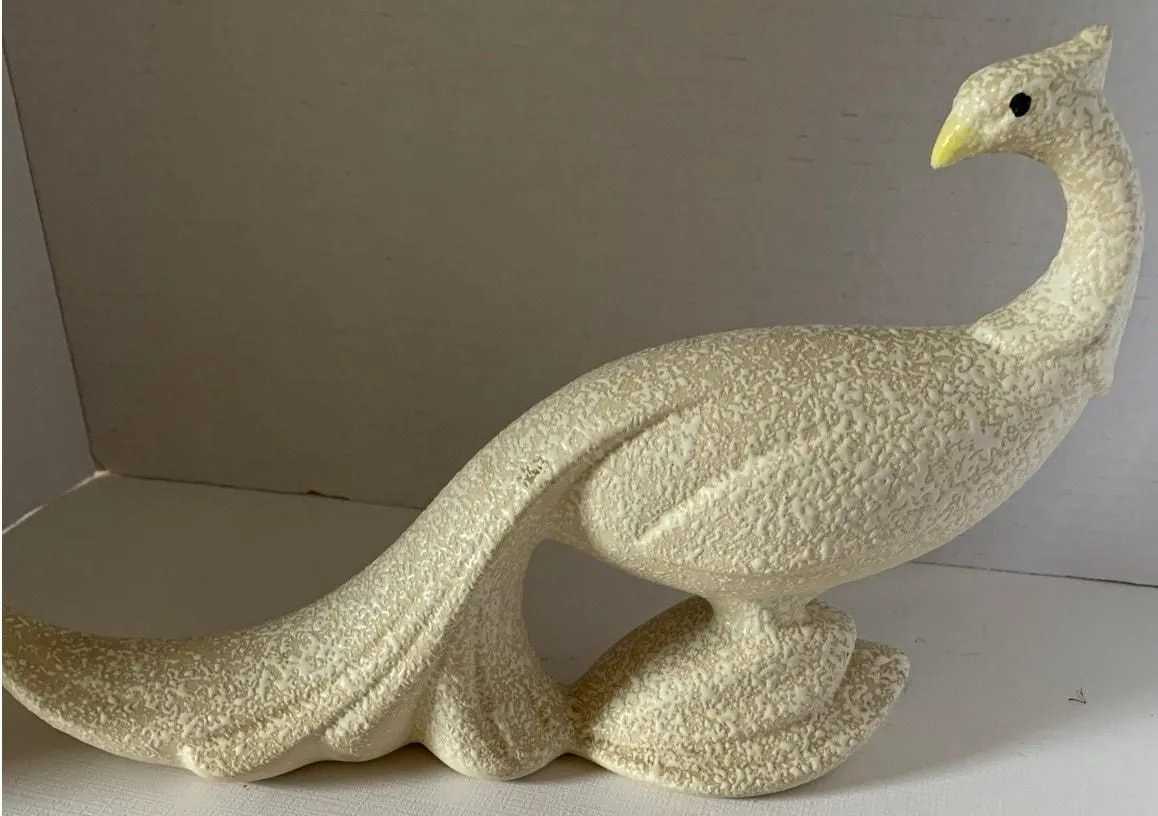 Product image for Vintage MCM Tan Splatter Textured Ceramic Peacock Figurine