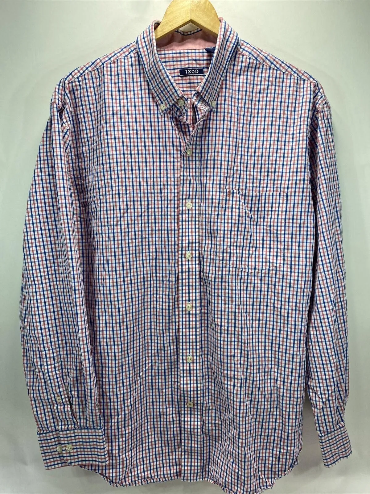 Product image for Izod Pink White Blue Check Print Long Sleeve Button Shirt Size Men's XL