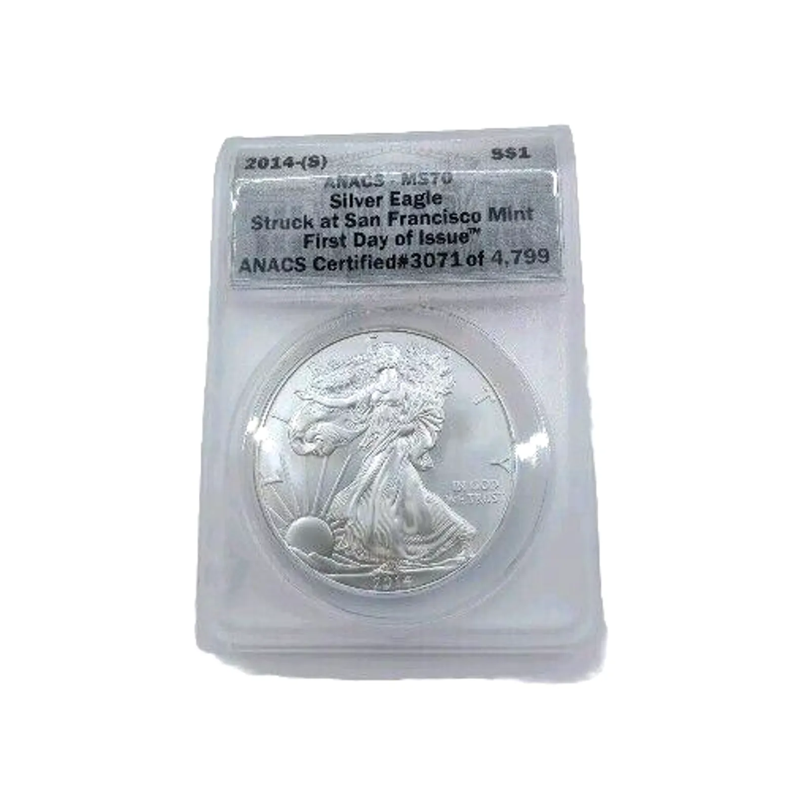 Product image for 2014-S Silver Eagle MS70 ANACS FIRST DAY OF ISSUE