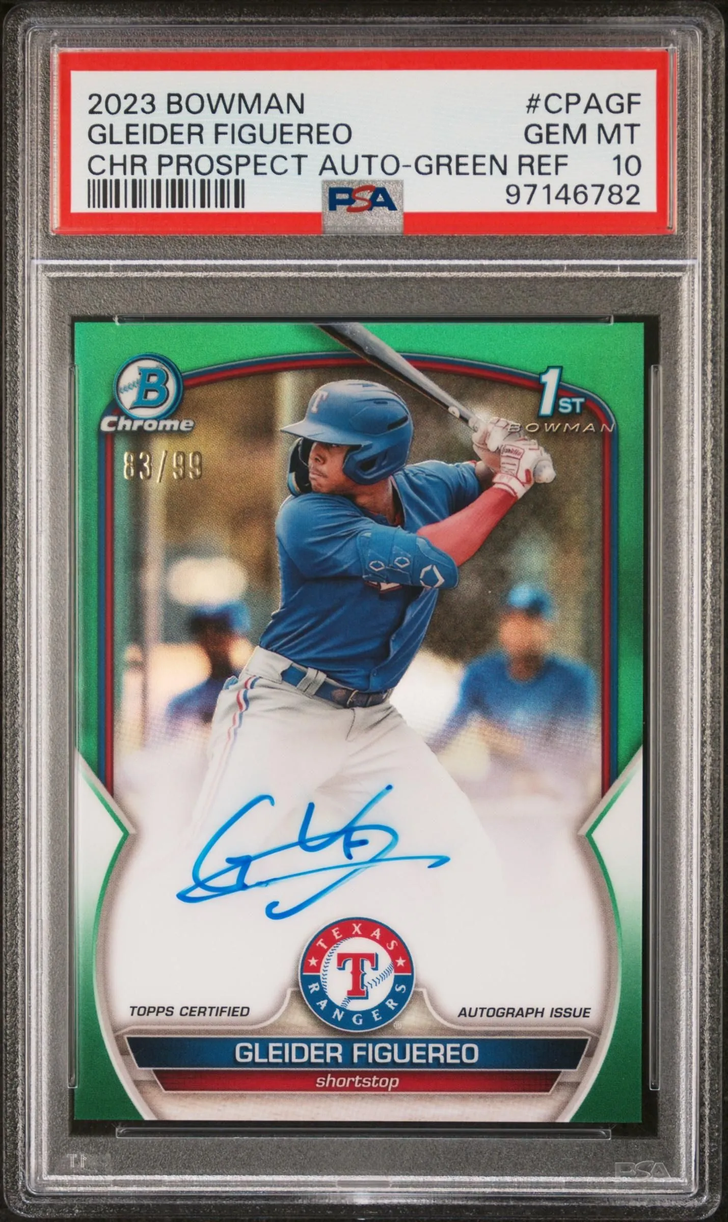 Product image for 2023 Bowman Chrome Autographs Gleider Figuereo #CPAGF Green /99 PSA 10