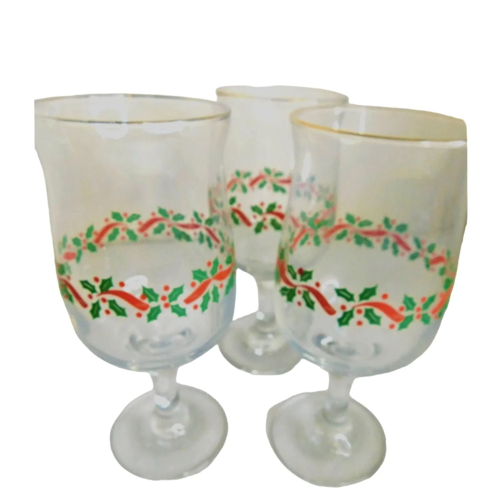 Product image for ARCOROC France Christmas Holly Berries & Ribbons Stemmed Glasses Set of 3 Vtg
