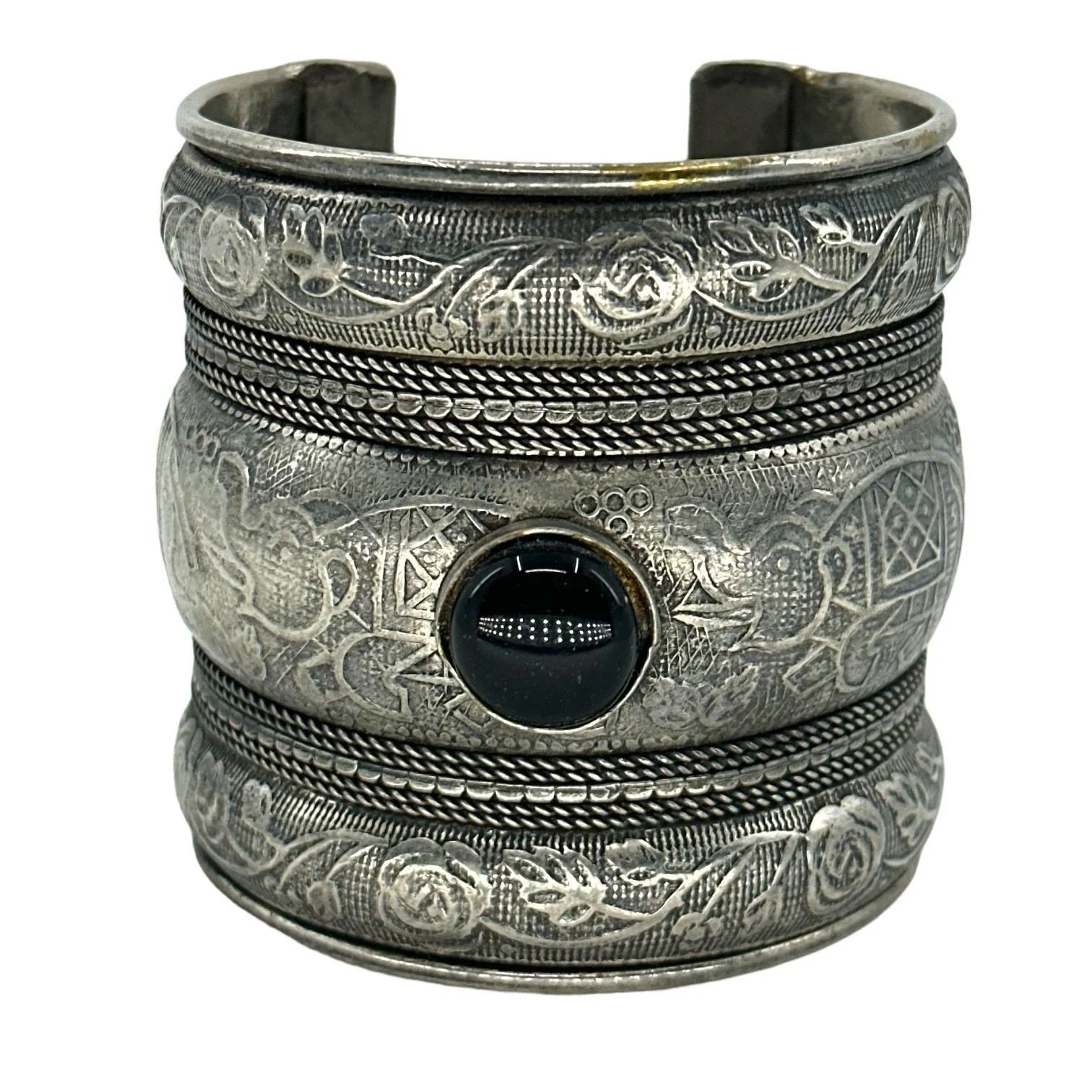 Product image for Silver Plated Elephant Cuff Bracelet Floral Etched Black Cabochon Wide Bohemian 