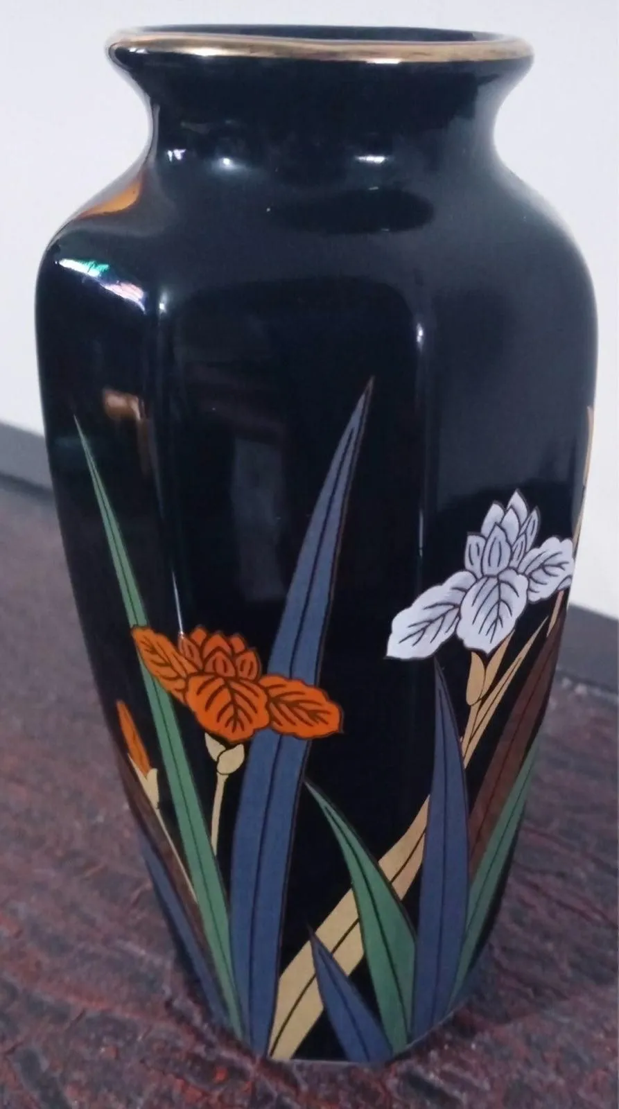 Product image for Otagiri Japan Fine Porcelain Black Vase 6" Tall Iris Gold Trim Octagonal