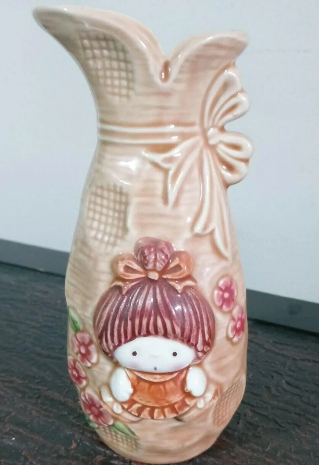 Product image for Vintage Lefton Orange Pitcher Bud Vase Handpainted Girl Embossed Girl and Bow
