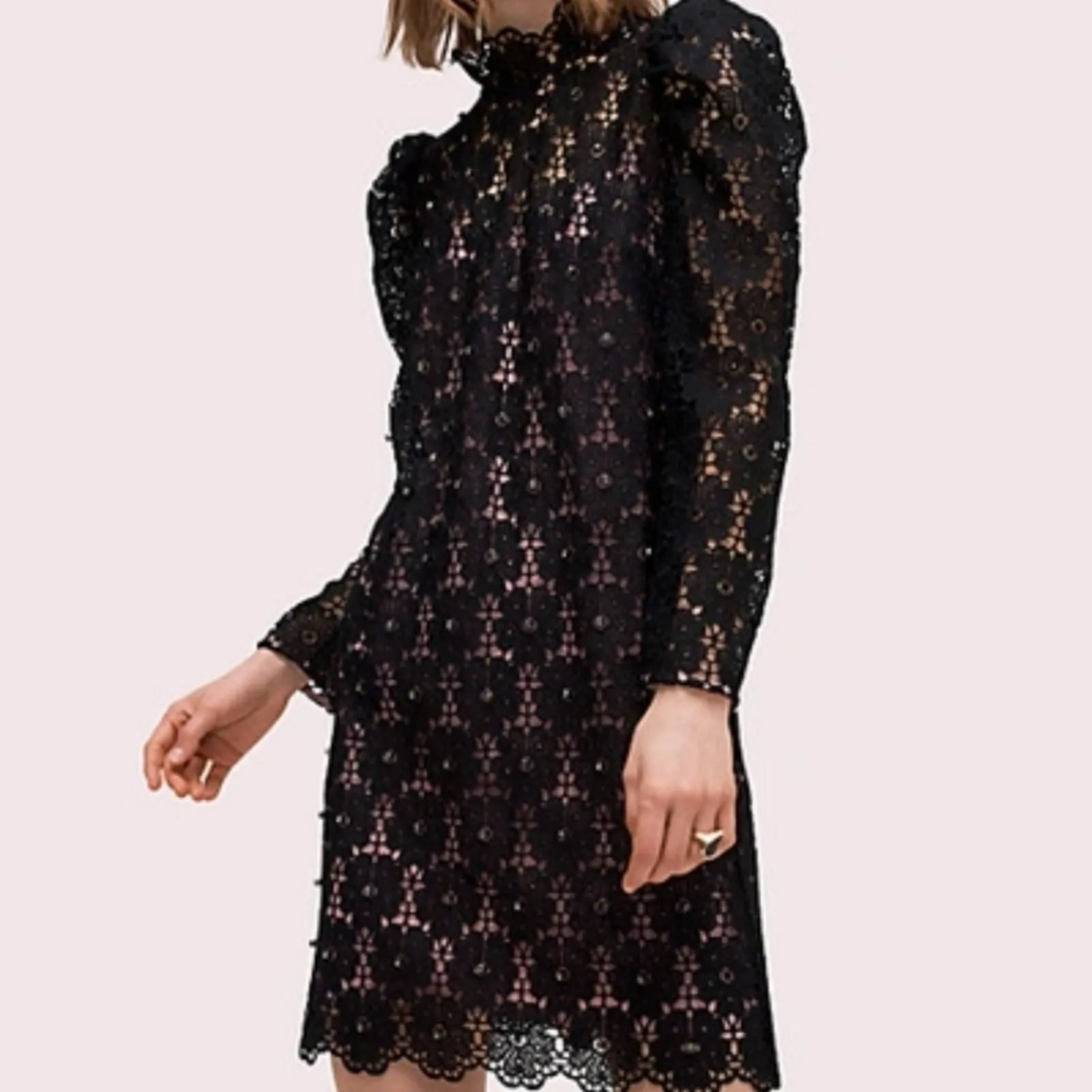 Product image for Kate Spade embellished floral lace dress Sz S mock neck mini black cltc