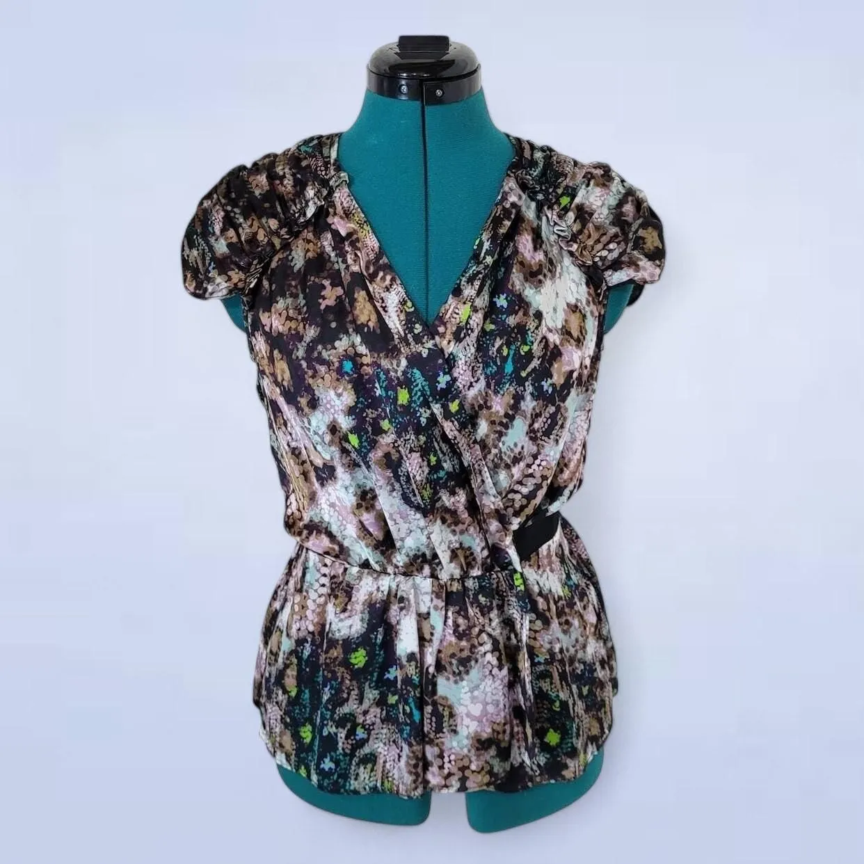 Product image for Teenflo Purple Abstract Silk Wrap Blouse with Button Snap Enclosure - Size 6
