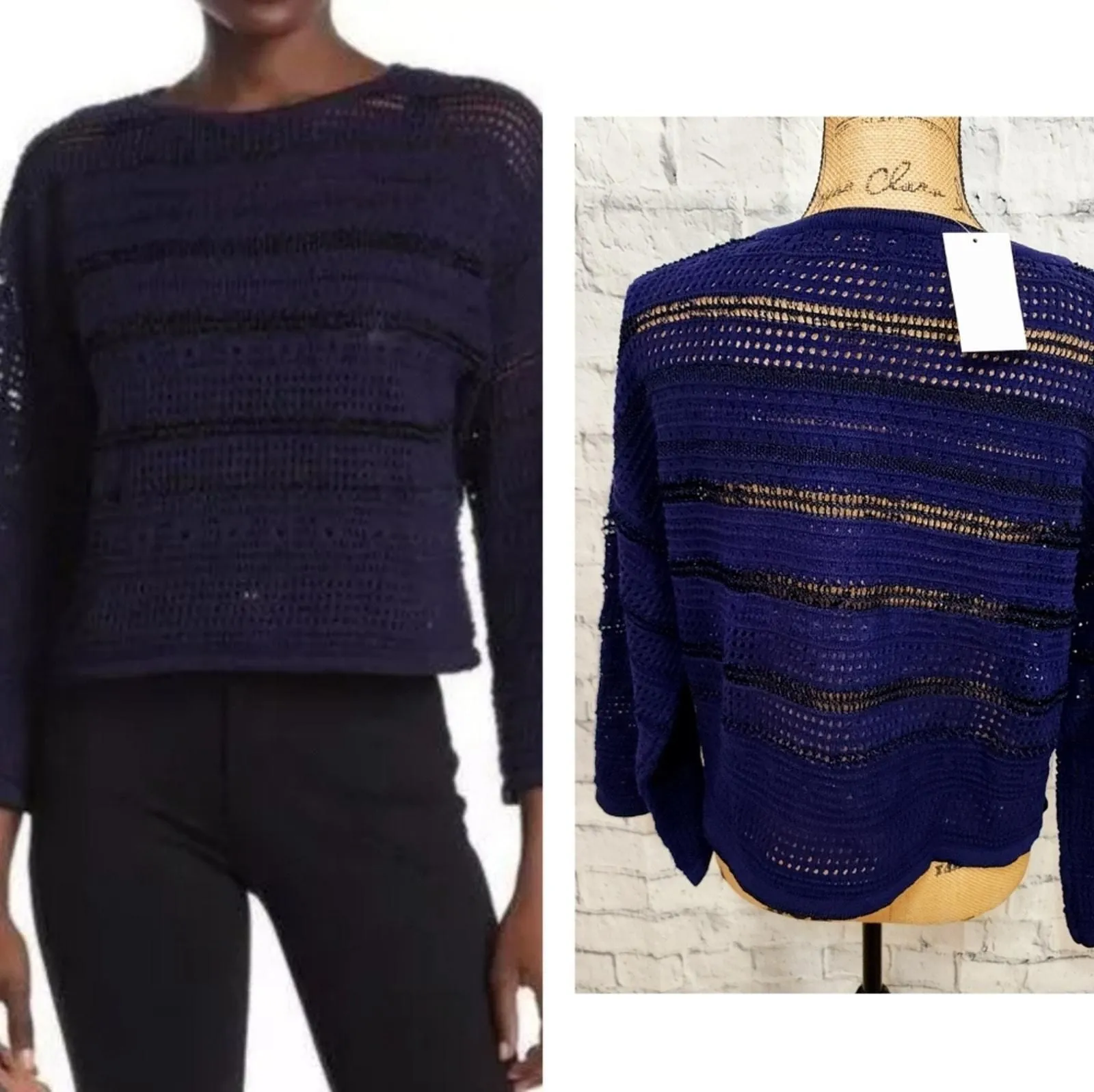 Product image for Ceny pointelle knit boat neck sweater Sz L crochet flare sleeve navy ACL