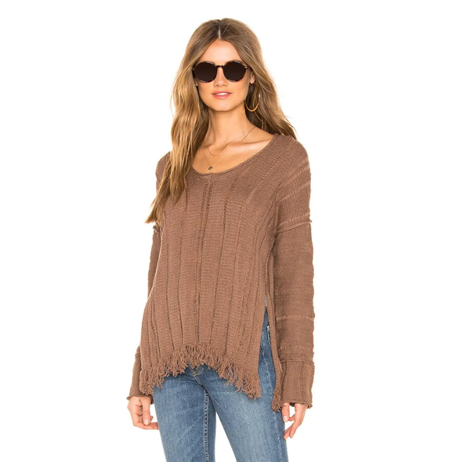 Product image for FREE PEOPLE OCEAN DRIVE Distressed Pullover SIZE S COLOR BROWN