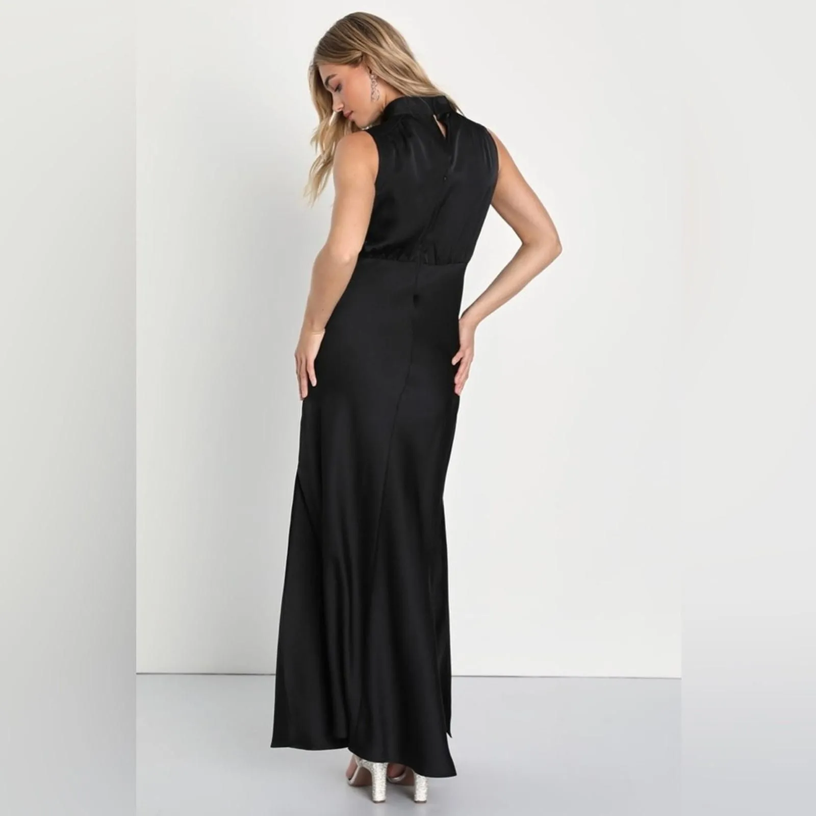 Lulus-Classic Elegance Black Satin Sleeveless Mock Neck Maxi Dress (1X)   Whatnot: Shop, Sell, Connect