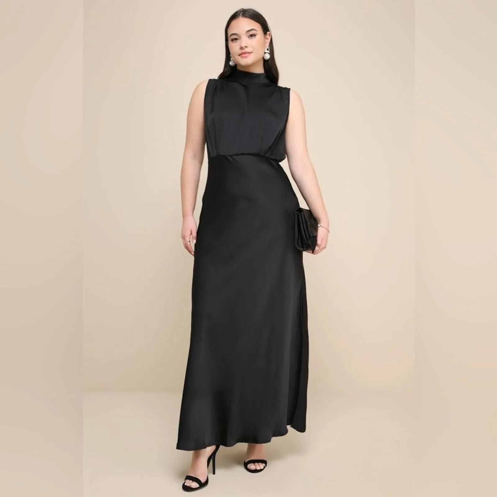 Lulus-Classic Elegance Black Satin Sleeveless Mock Neck Maxi Dress (1X)   Whatnot: Shop, Sell, Connect