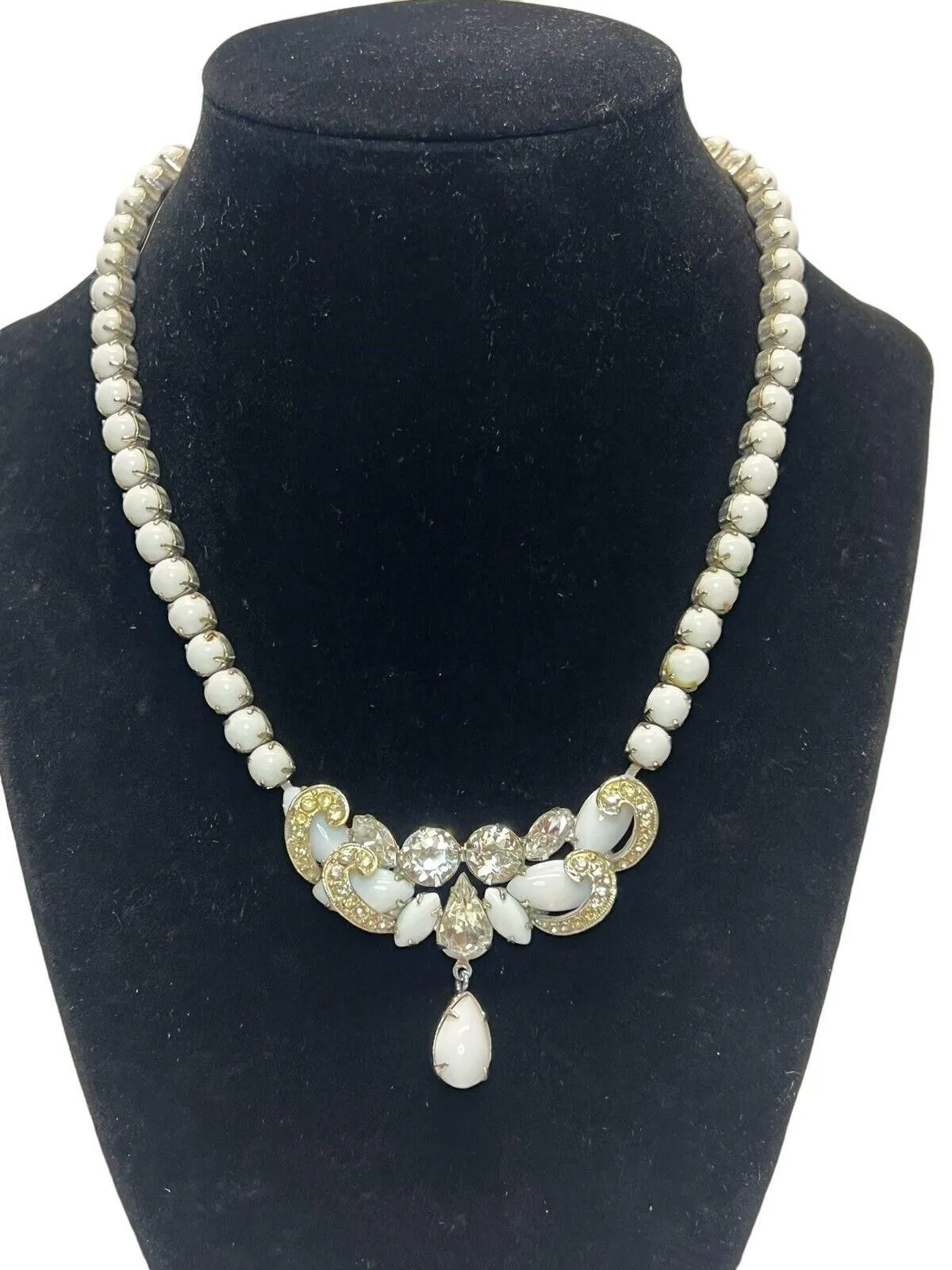 Product image for Vtg Weiss White Milk Glass N Necklace Signed Rhinestones Drop Dangle Pear Shape