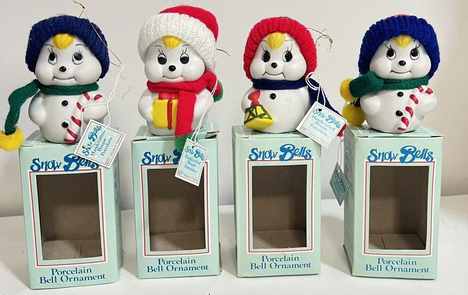 Product image for Snow Bells Porcelain Ornaments Set 4 Snowman Christmas Knit Hat Scarf NIB