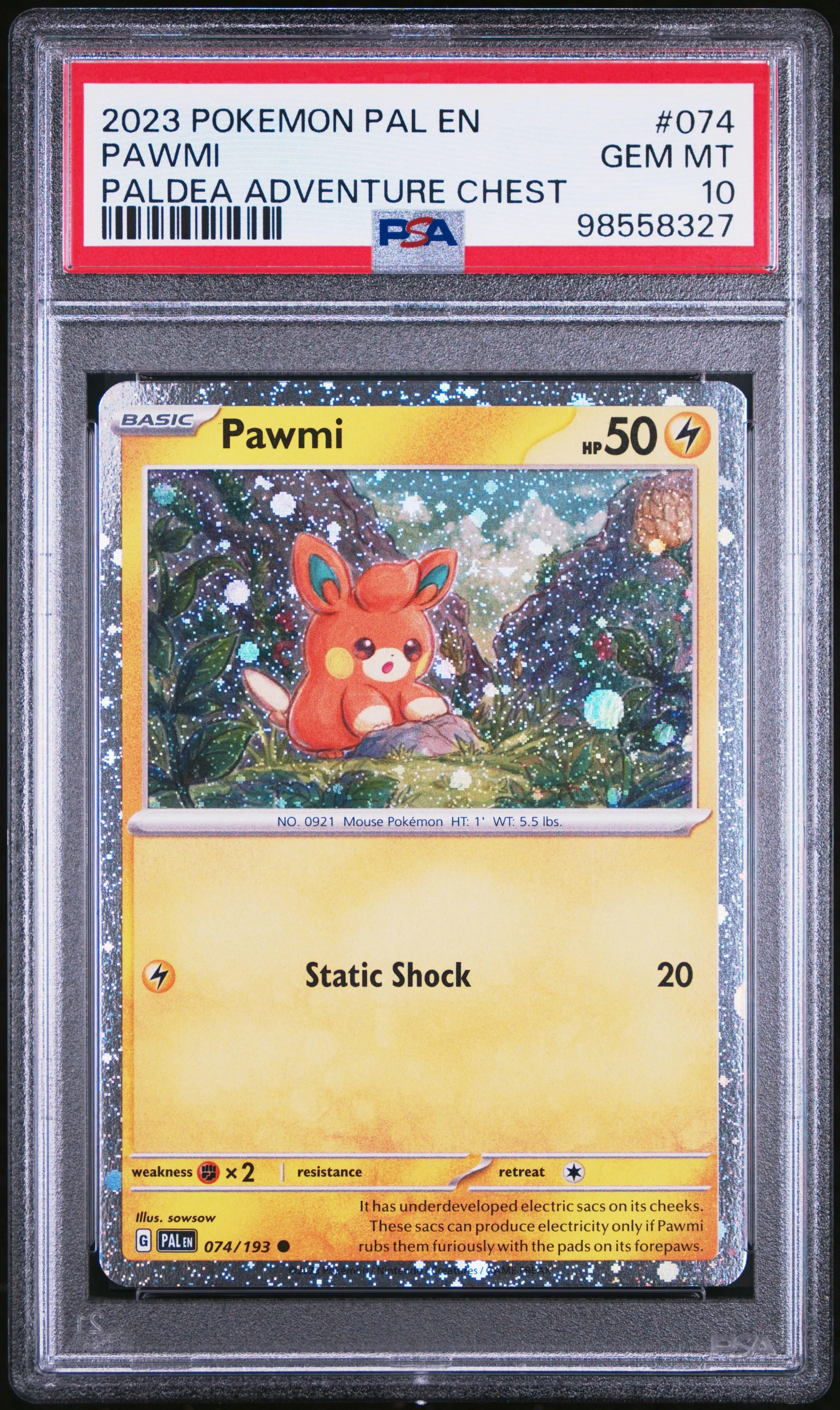 Product image for PokéMon TCG Pawmi #074 Paldea Adventure Chest PSA 10