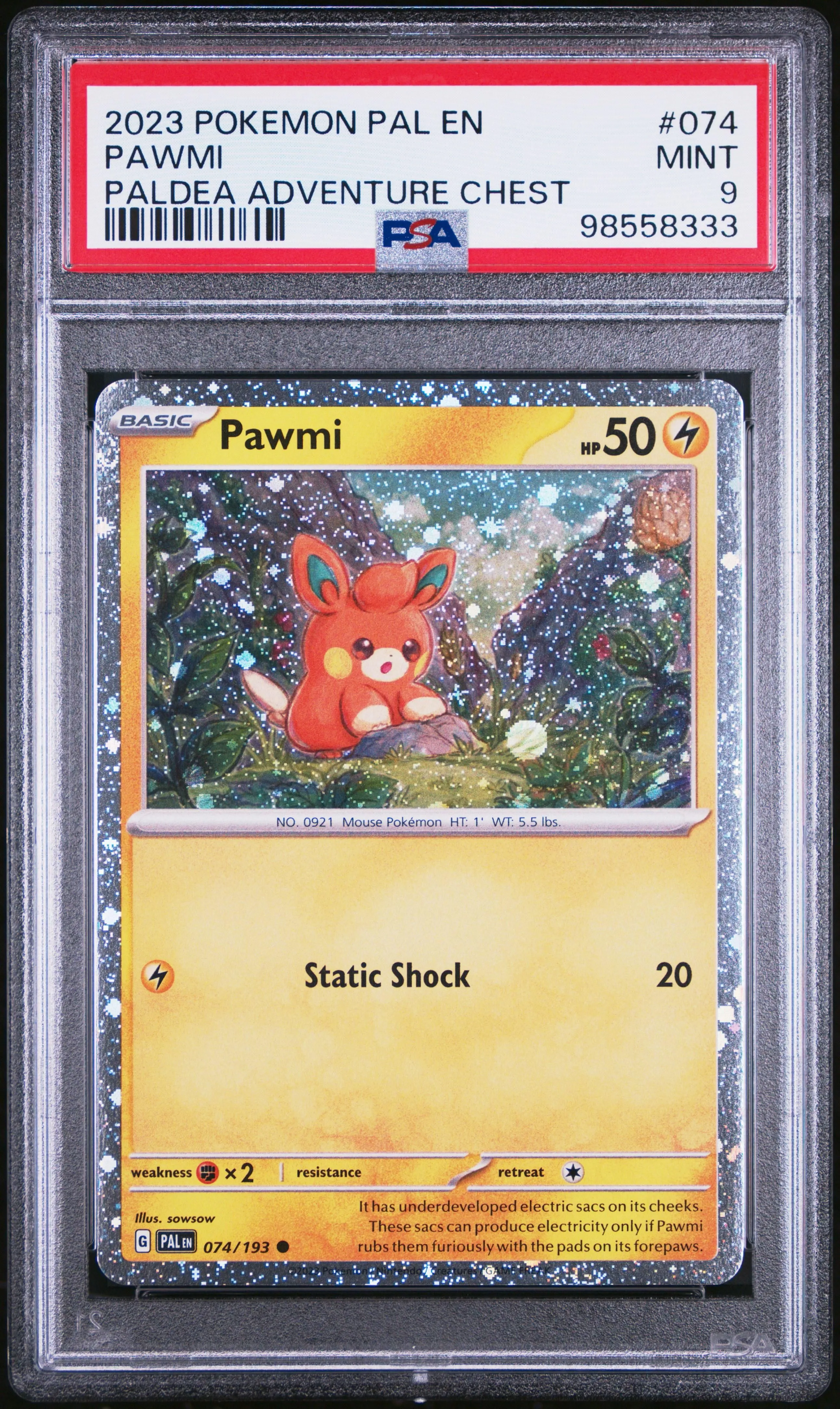 Product image for PokéMon TCG Pawmi #074 Paldea Adventure Chest PSA 9