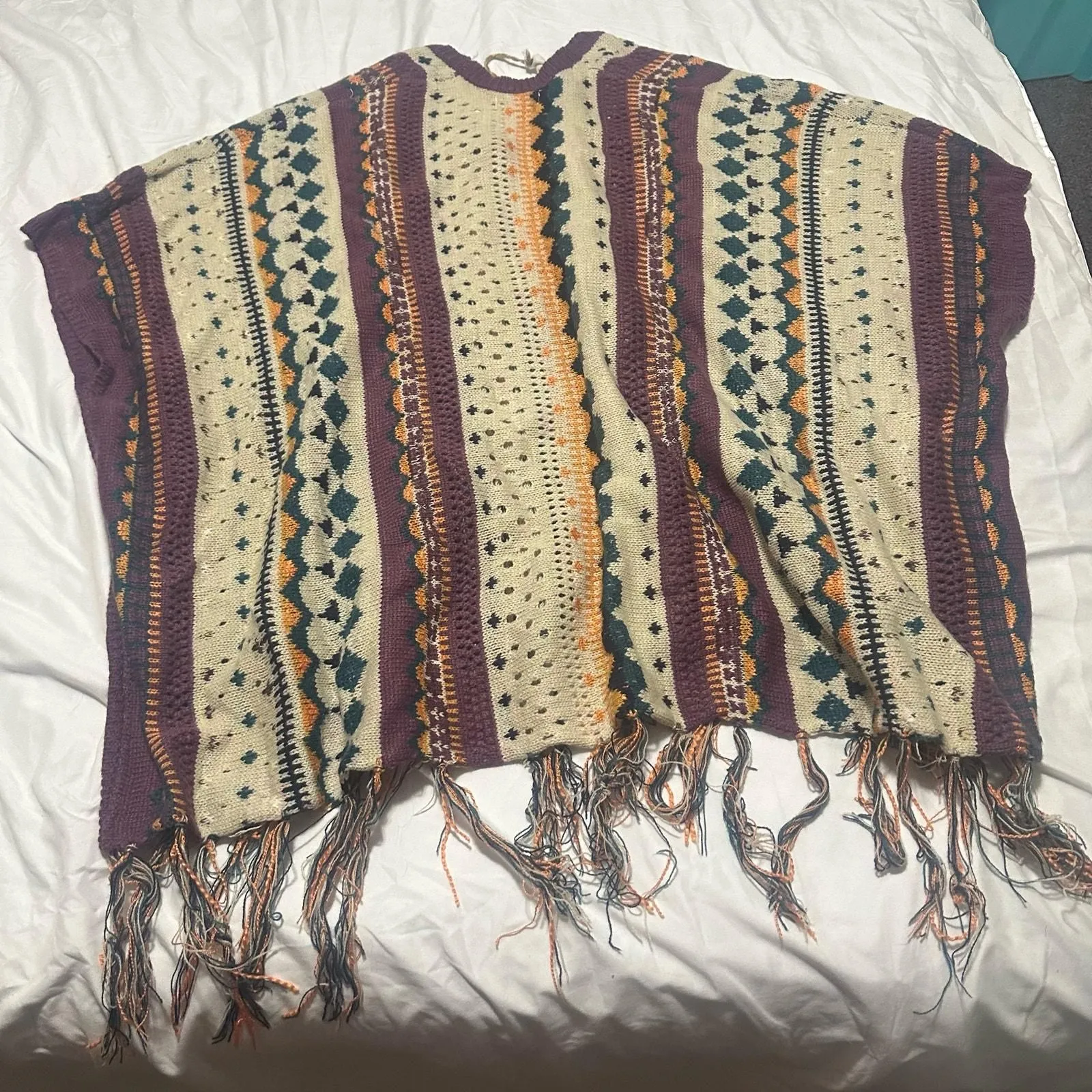 Product image for Easel Brand Aztec Print Boho Serape Fringe Knit Medium Poncho Sweater NWT