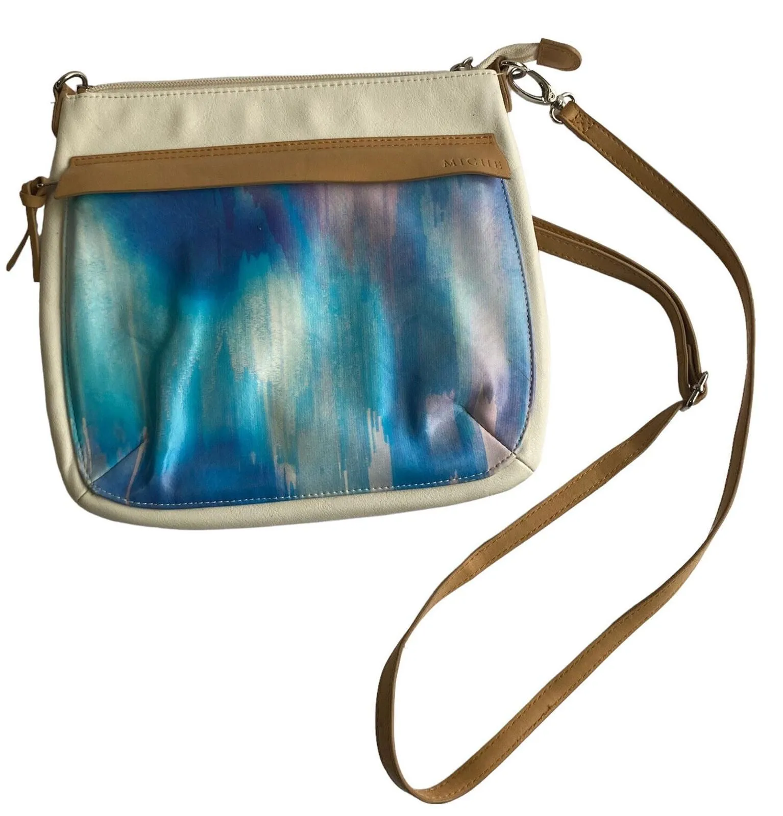 Product image for MICHE Blaire Hip Bag Blue White and Tan 3 Zipper Pockets Adjustable Strap