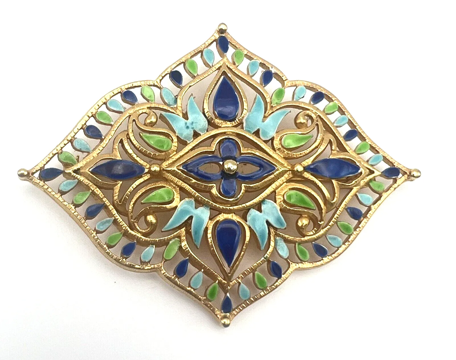 Product image for Vendome Enamel Blue Green Brooch Gold Tone Rare Floral Design Signed 3.5”