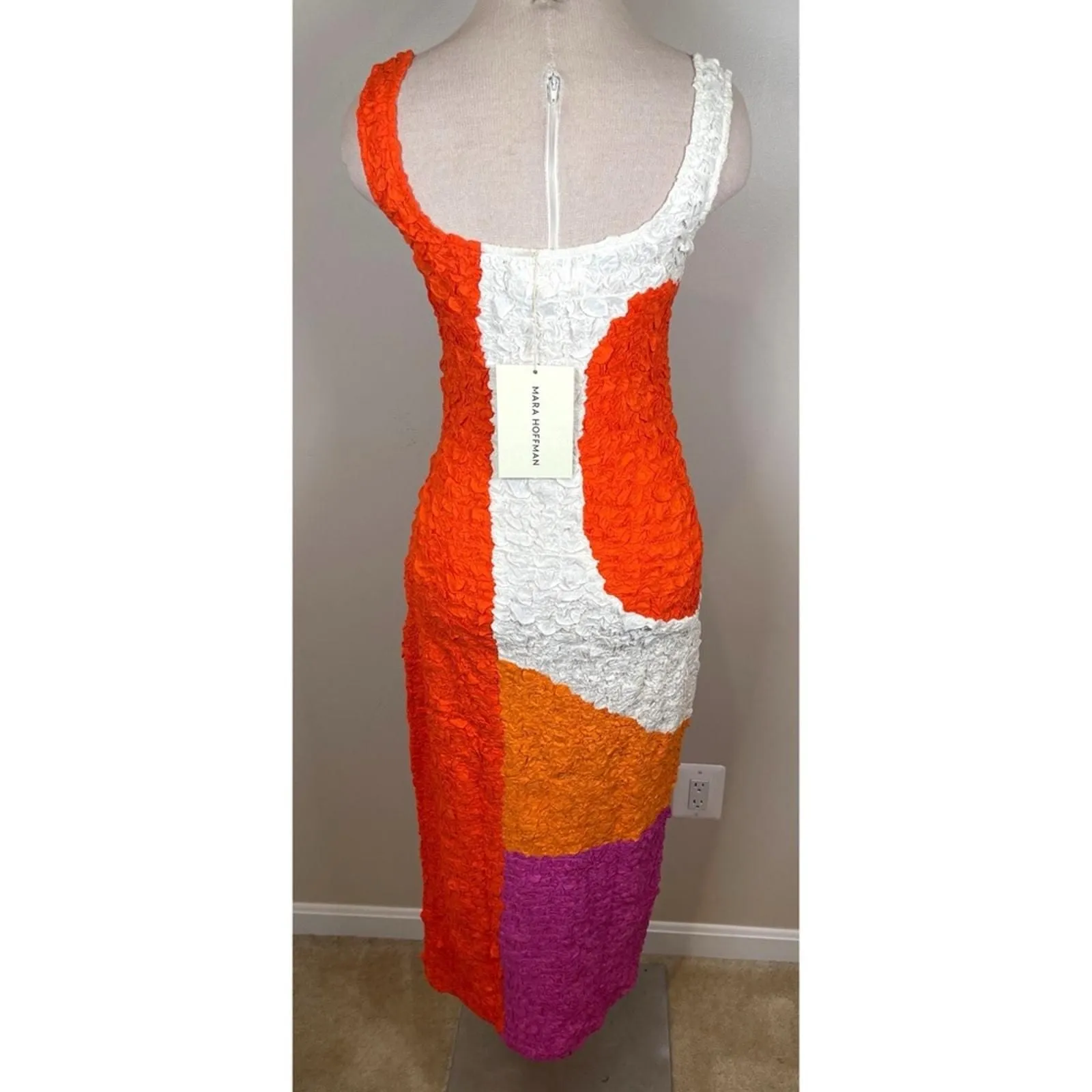mara hoffman sloan dress red pink Midi Dress Mara Hoffman Dress Sale Mara Hoffman Sloan Popcorn Sleeveless  Colorblock Midi Dress
