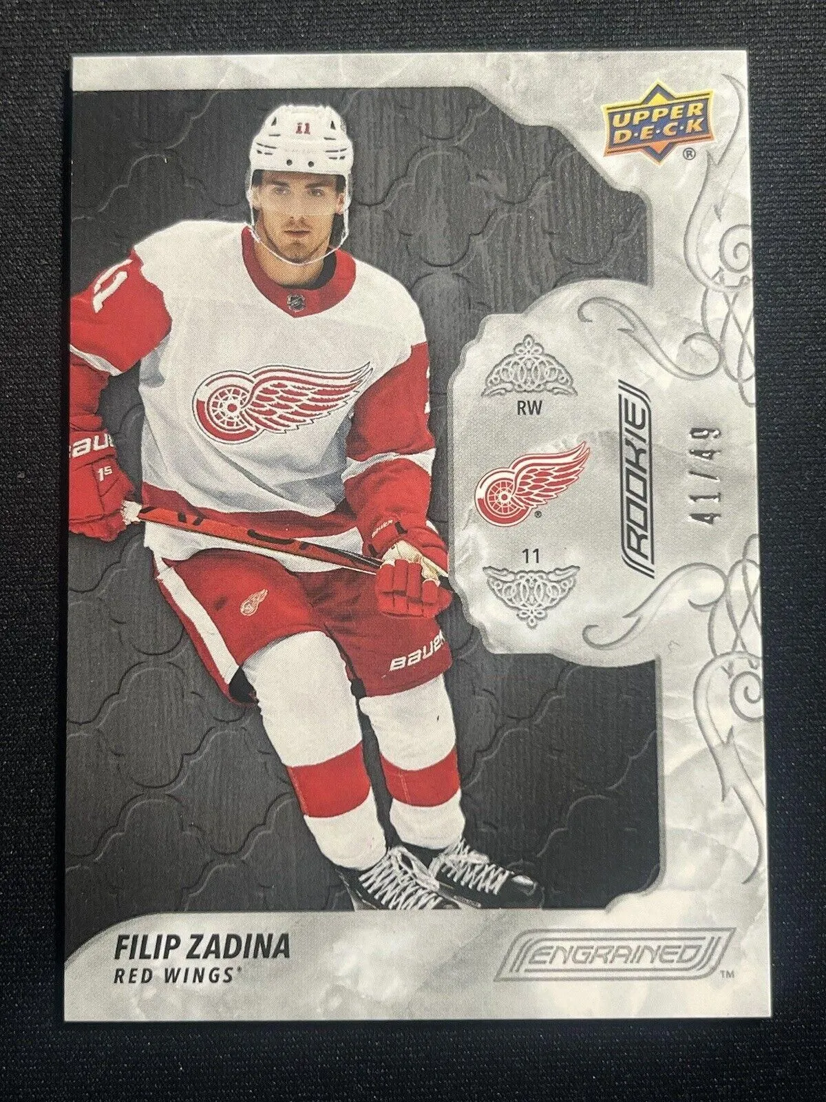 Product image for Filip Zadina /49 made Rookie Engrained Ebony 2019-20 Parallel Hockey Card 77
