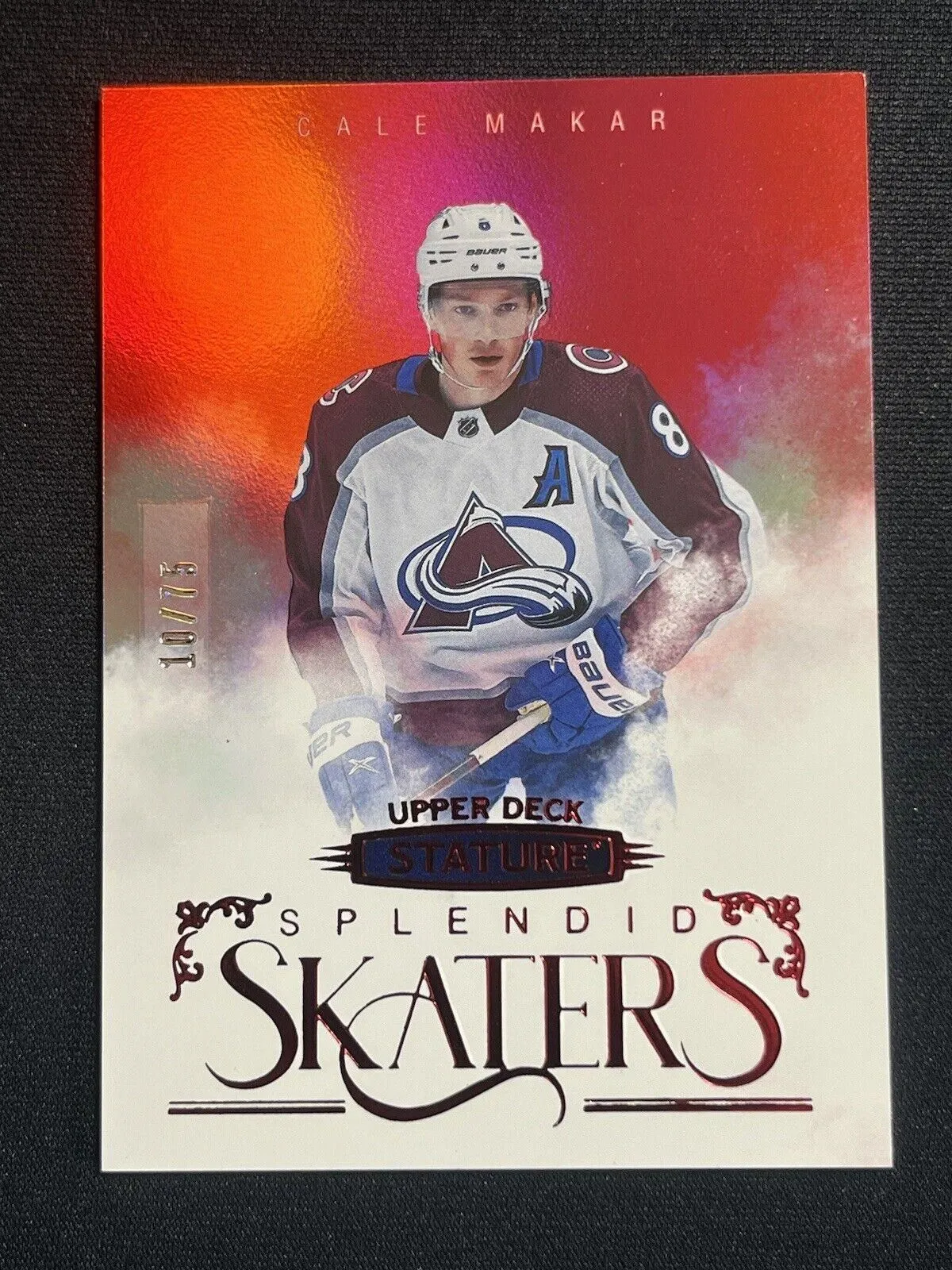 Product image for Cale Makar /75 made Red Splendid Skaters Stature 2022-23 Hockey Card