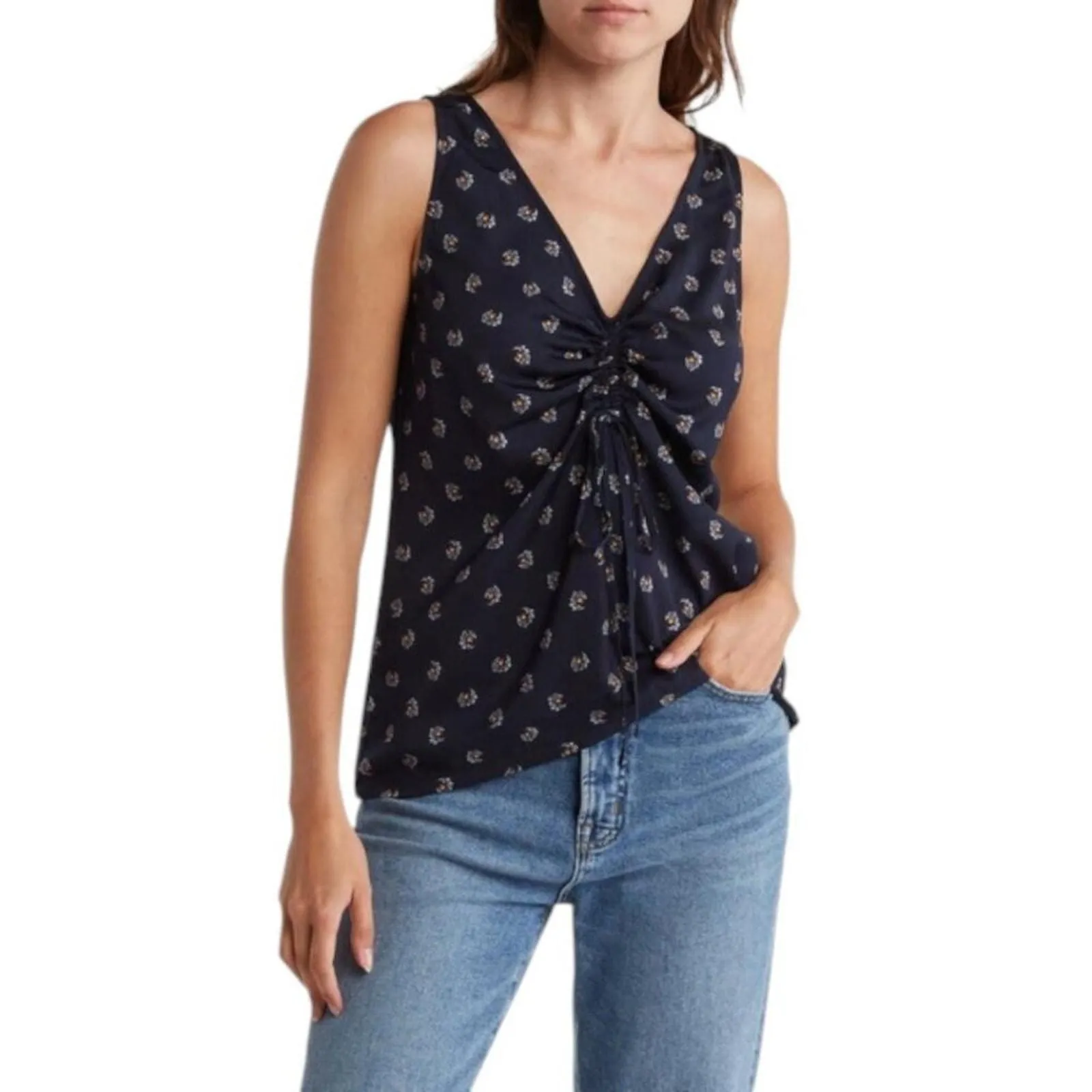 Product image for Melrose & Market Cinched Front Top Navy Esme Floral Size Small NWOT $30 MSRP