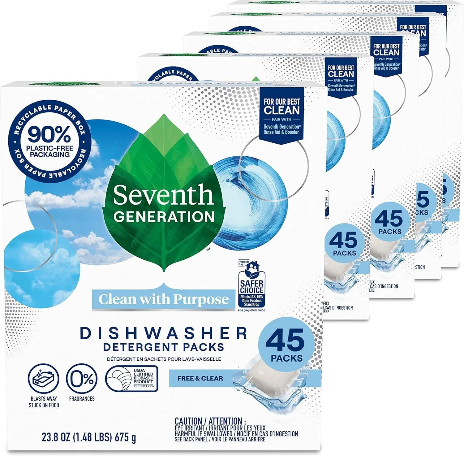 Product image for Seventh Generation Dish Detergent Packs, 45 ct, Pack of 5