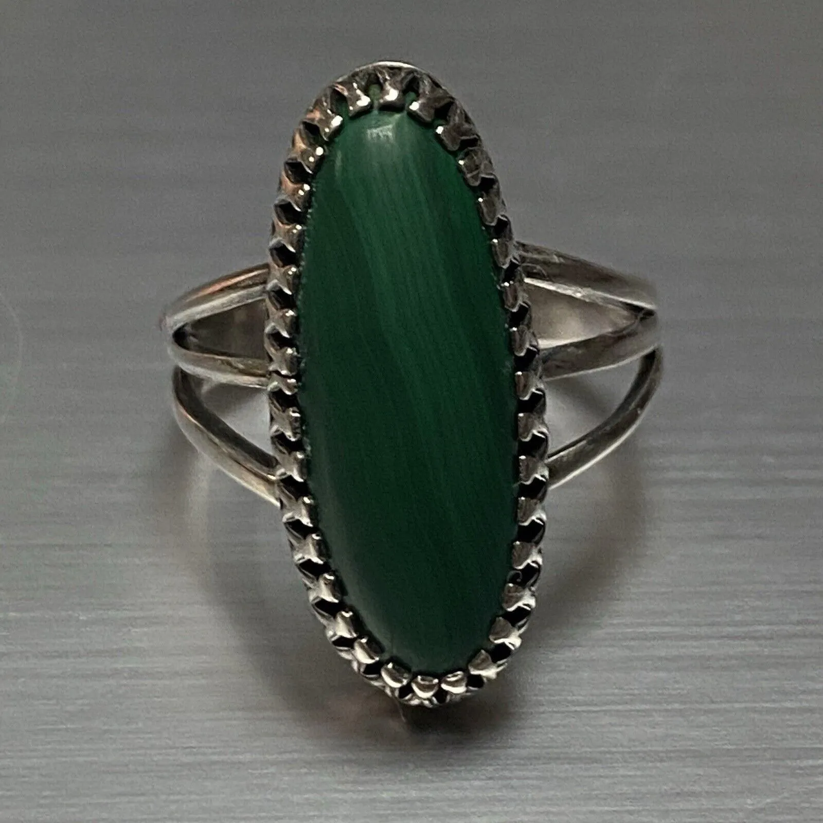 Product image for Sterling Silver Malachite Southwestern Band Navette Ring Size 7.75