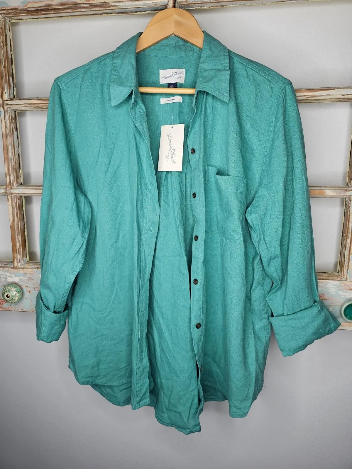 Product image for NWT Linen Relaxed Fit Teal Button Up Ladies collared shirt Size Medium