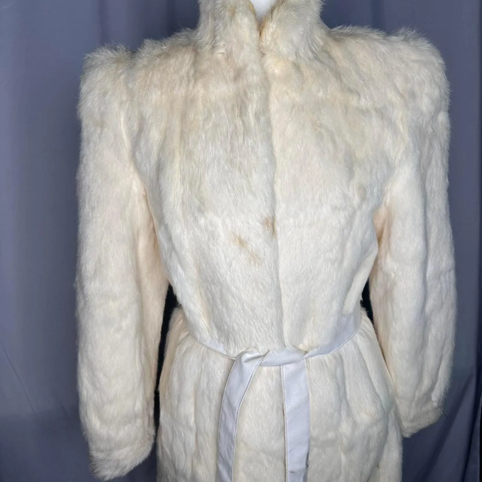 Product image for Vintage White Genuine Rabbit Fur Trench Length Coat w/ Belt