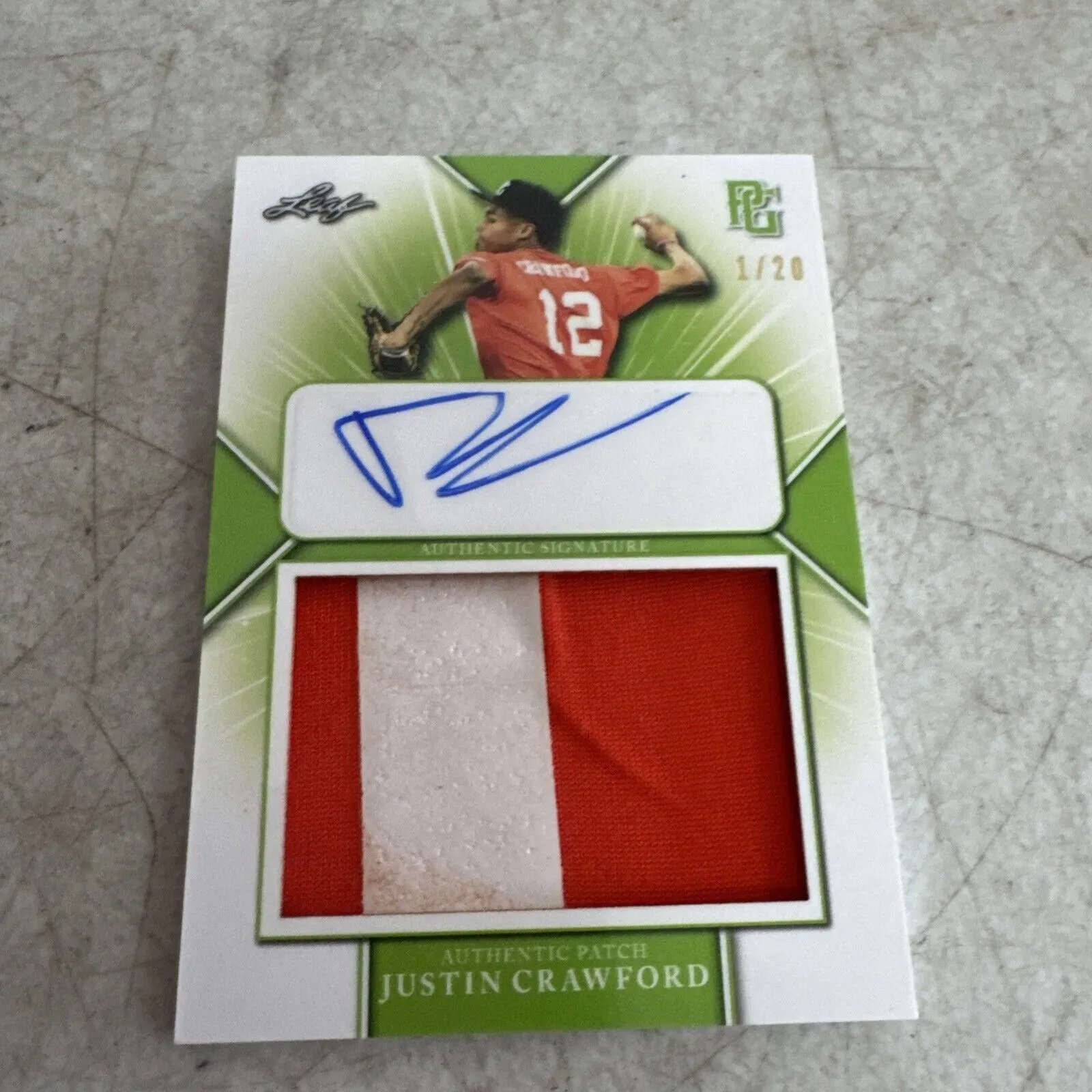 Product image for 2021 LEAF PERFECT GAME JUSTIN CRAWFORD PATCH AUTO 1/20