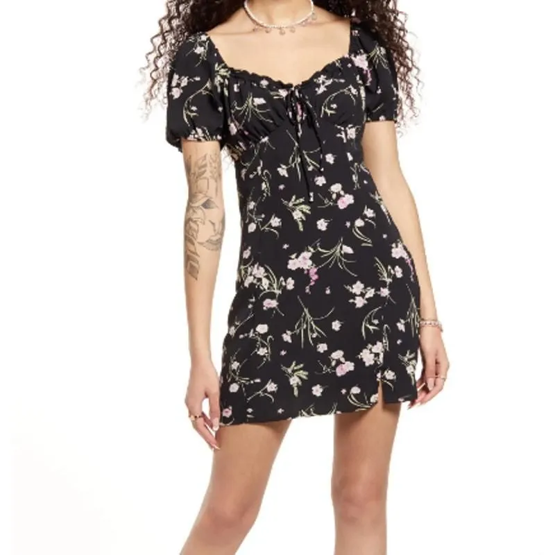 Product image for BP. Printed Tie Front Minidress in Black Wallpaper Swirl Floral, Size 1X
