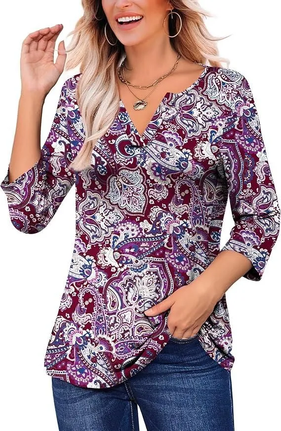 Product image for LIENRIDY Plus 3/4 Sleeve V-Neck Top in Multi Red, Size 2X