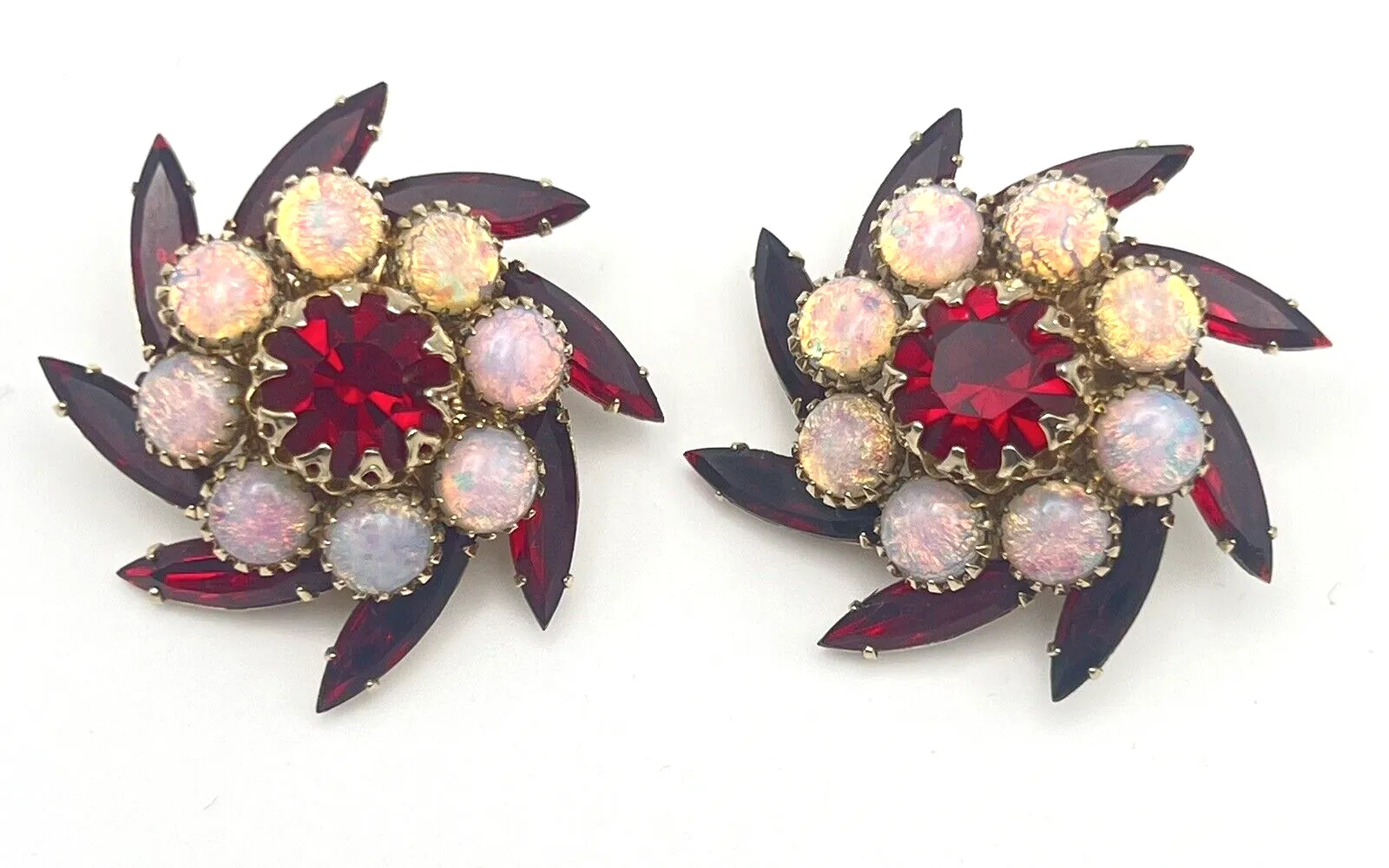 Product image for Large JUDY LEE Red Rhinestone & Faux Opal Glass Earrings Signed Vintage Jewelry
