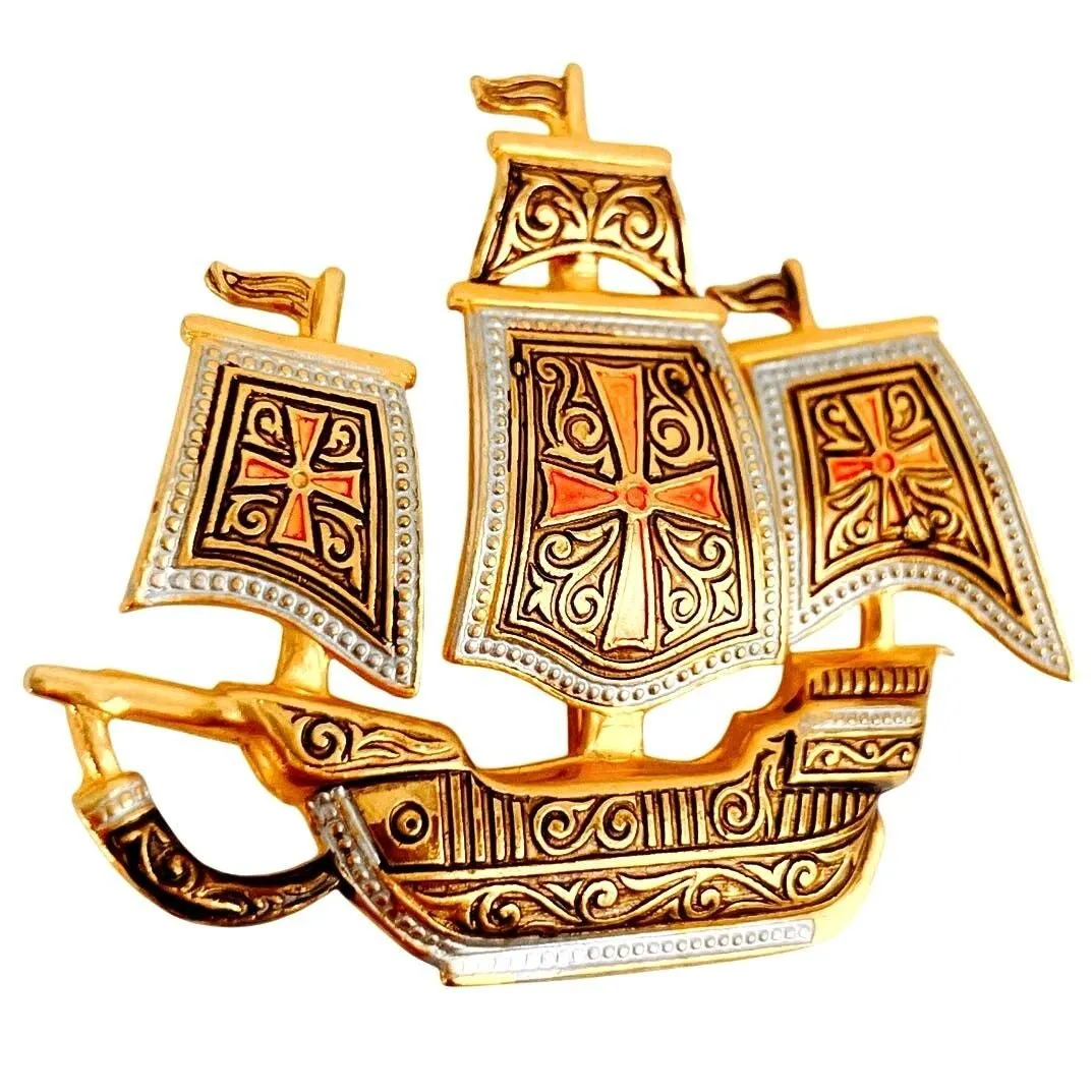 Product image for Signed Spain Vintage Damascene Ship Boat Gold Plated Enamel Brooch Pin