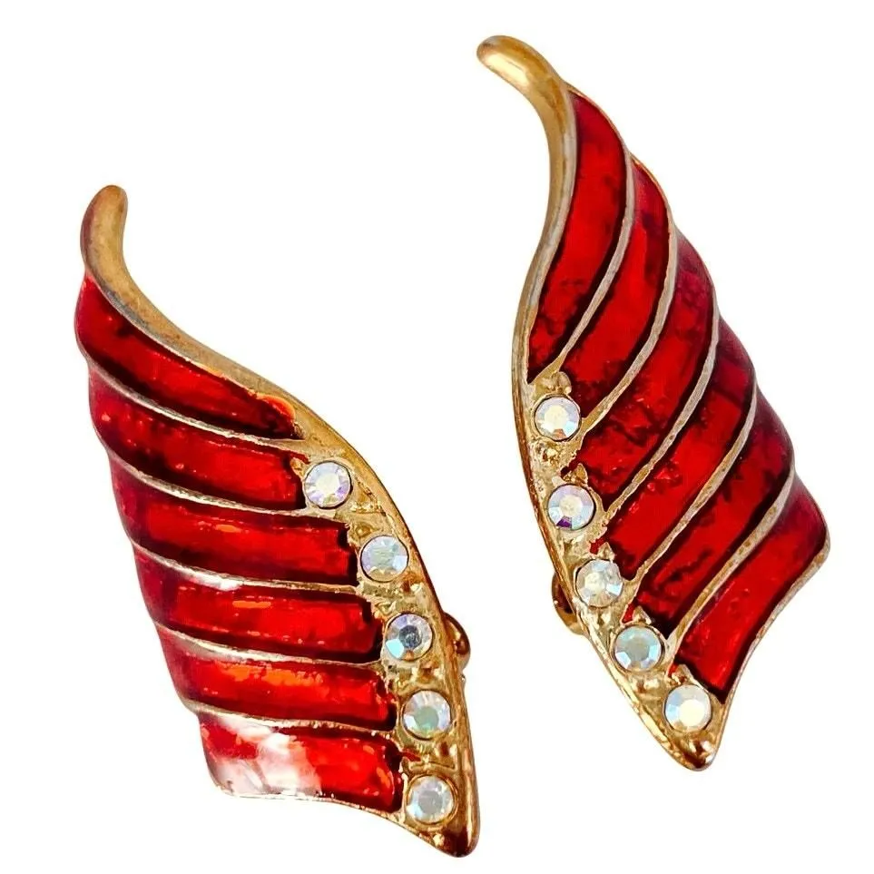 Product image for VTG 80s Futuristic Red Enamel Wings Statement Clip Earrings with AB Rhinestones