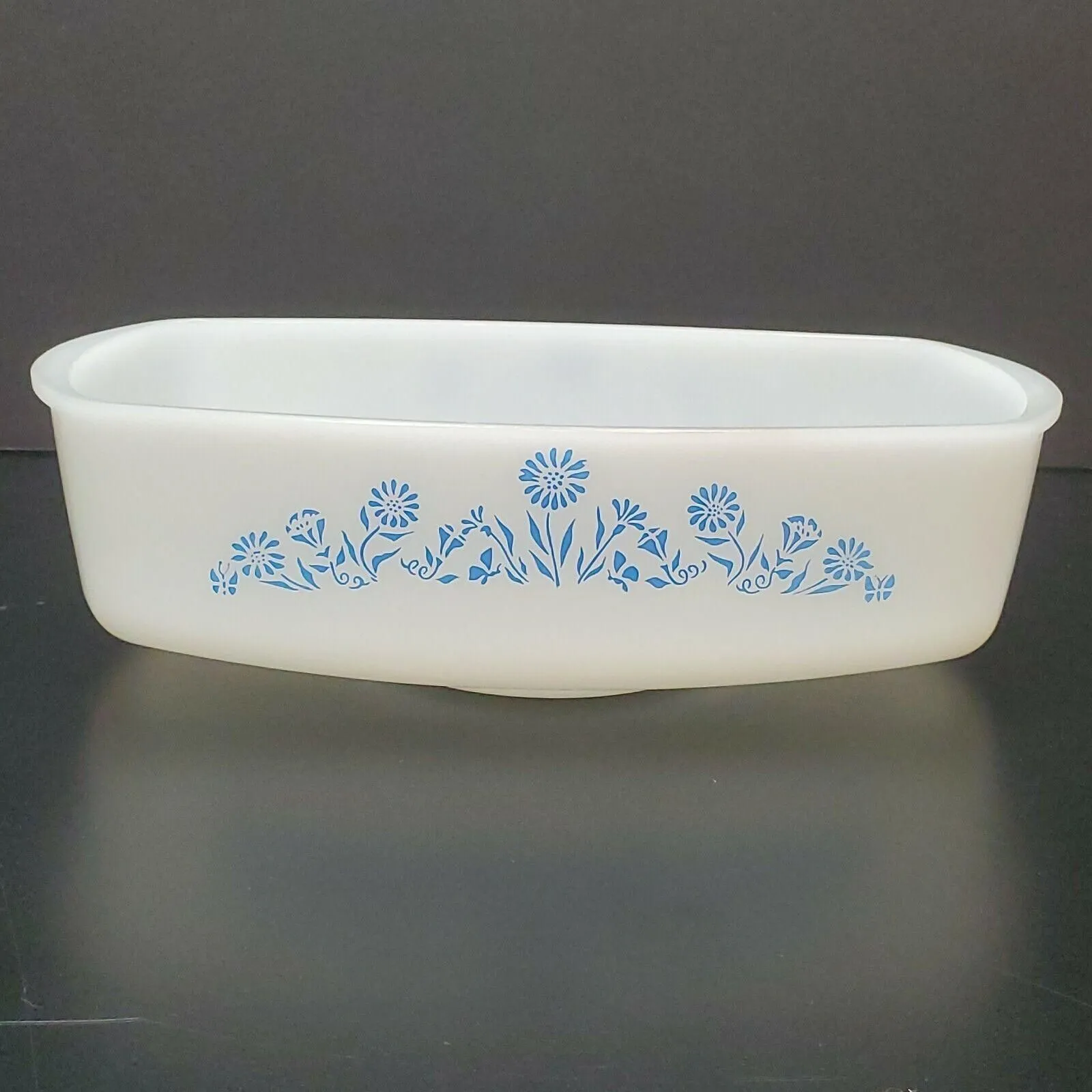 Product image for Vintage Federal Oven Proof White Milk Glass Blue Lady Michelle Floral Loaf Dish