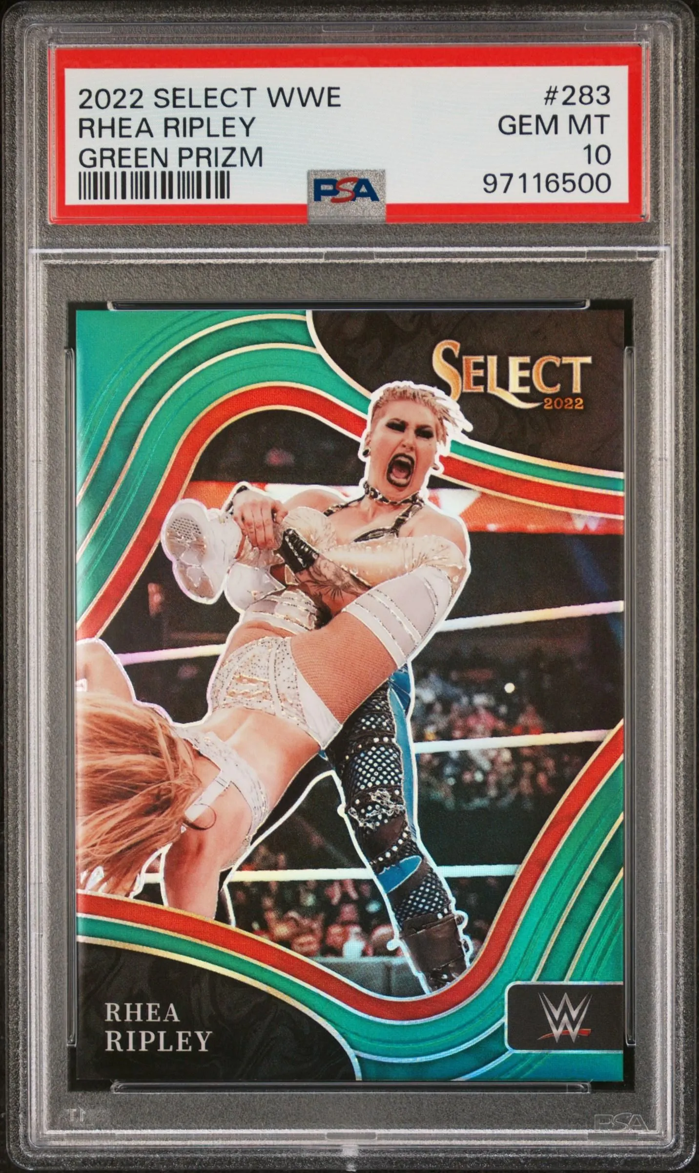 Product image for 2022 Panini Select WWE Rhea Ripley Green Ringside /5 #283 PSA 10